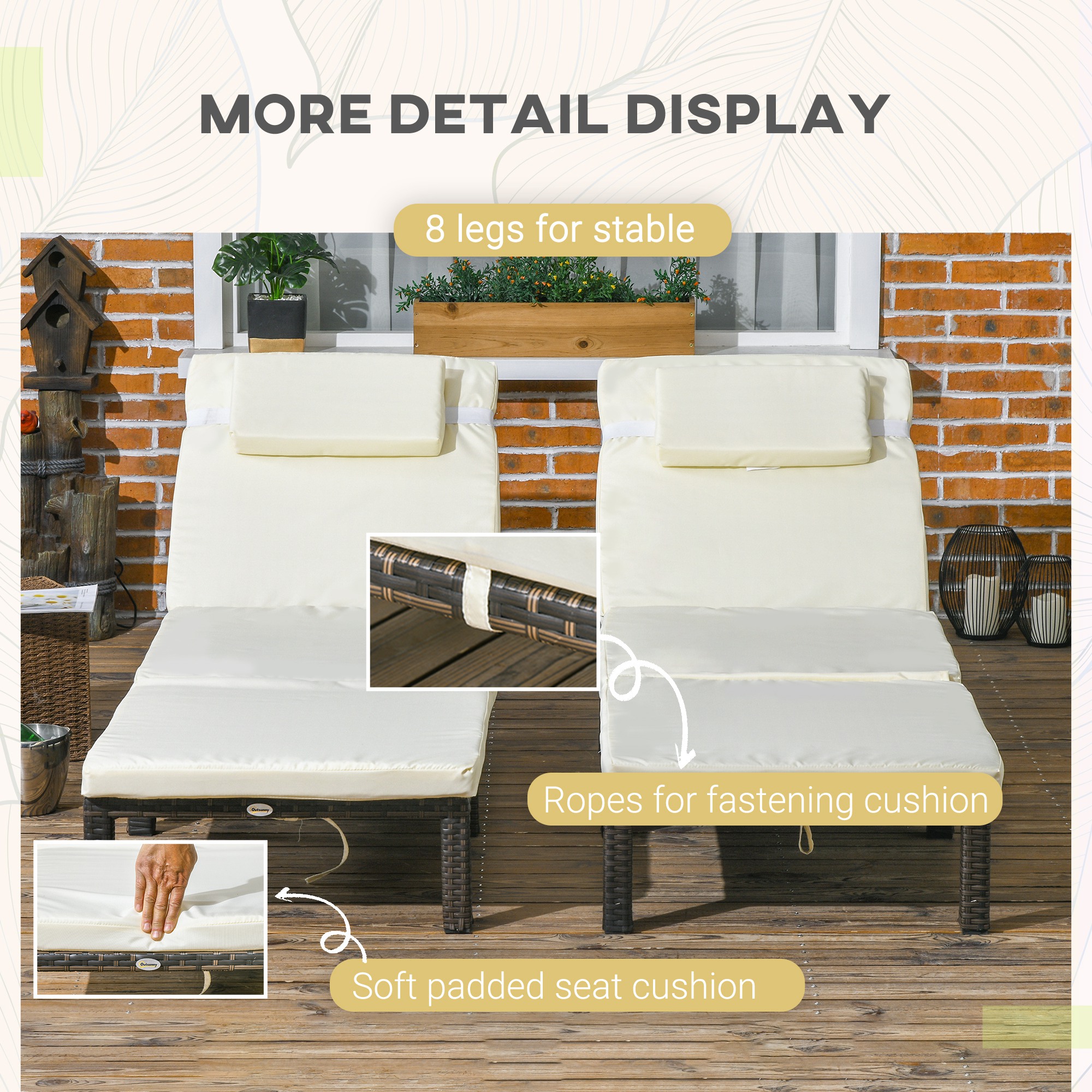 Outsunny Rattan Sun Loungers Set of 2 with 5-Level Adjustable Backrest, Wicker Lounge Chairs with Padded Cushion and Headrest for Outdoor, Poolside, Garden, Cream White