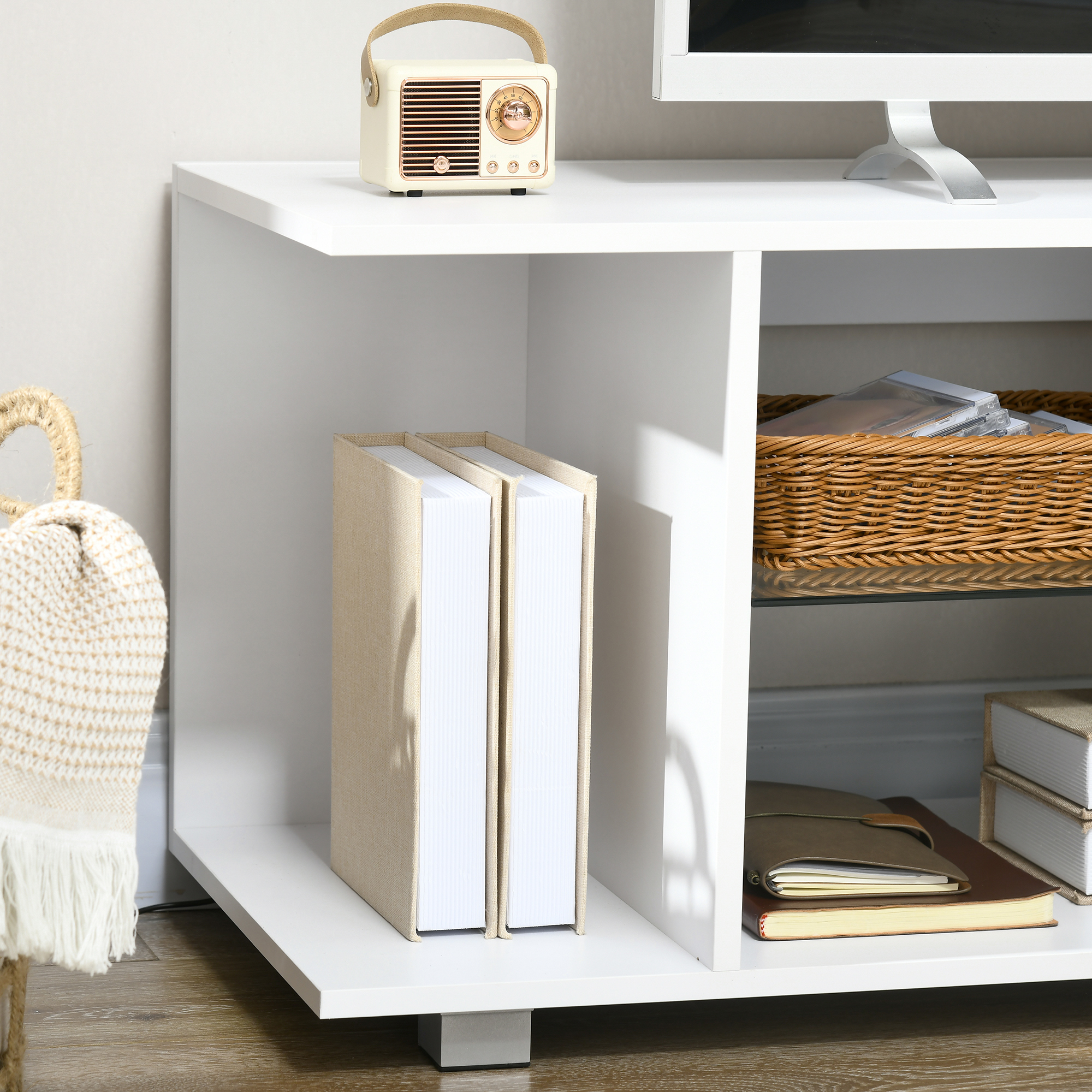 HOMCOM TV Stand, 145cm Modern TV Unit with Glass Shelves, RGB LED Light for 32 40 43 50 52 55 60 inch 4k TV, White