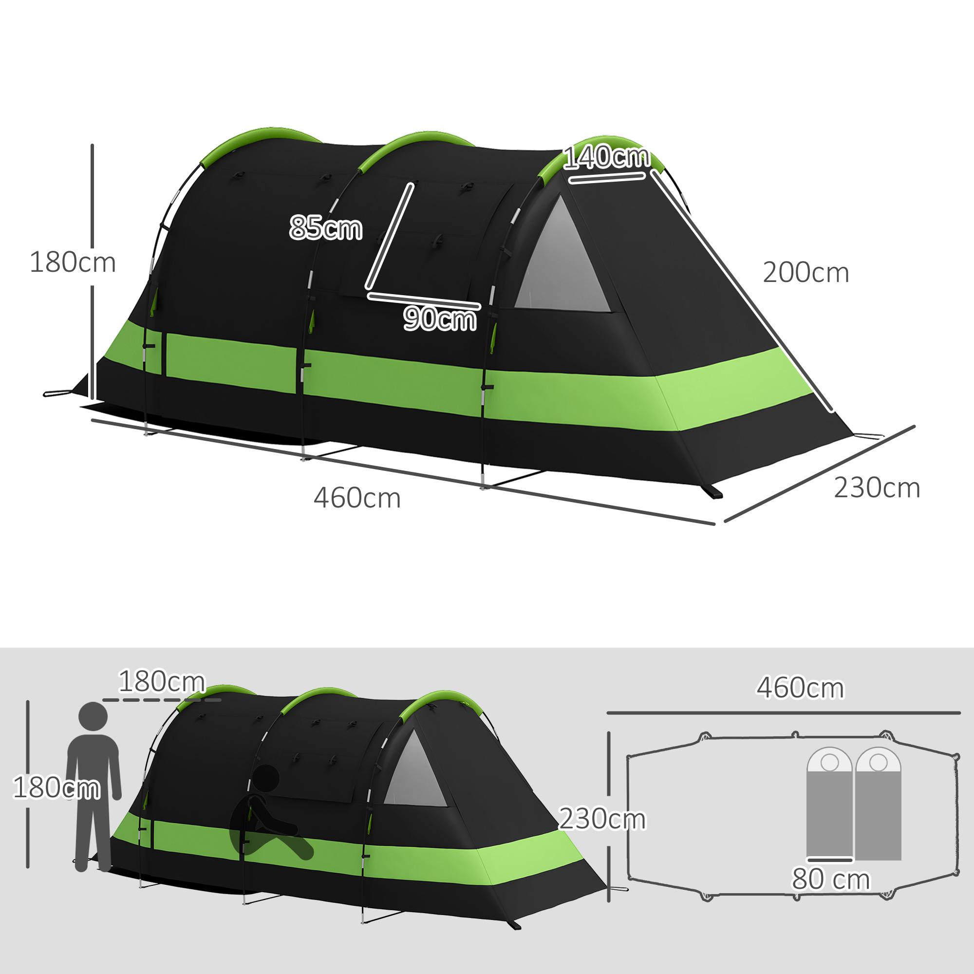 Outsunny Blackout Camping Tent for 4-5 Person, with Bedroom & Living Room, 3000mm Waterproof, for Fishing Hiking Festival, Black