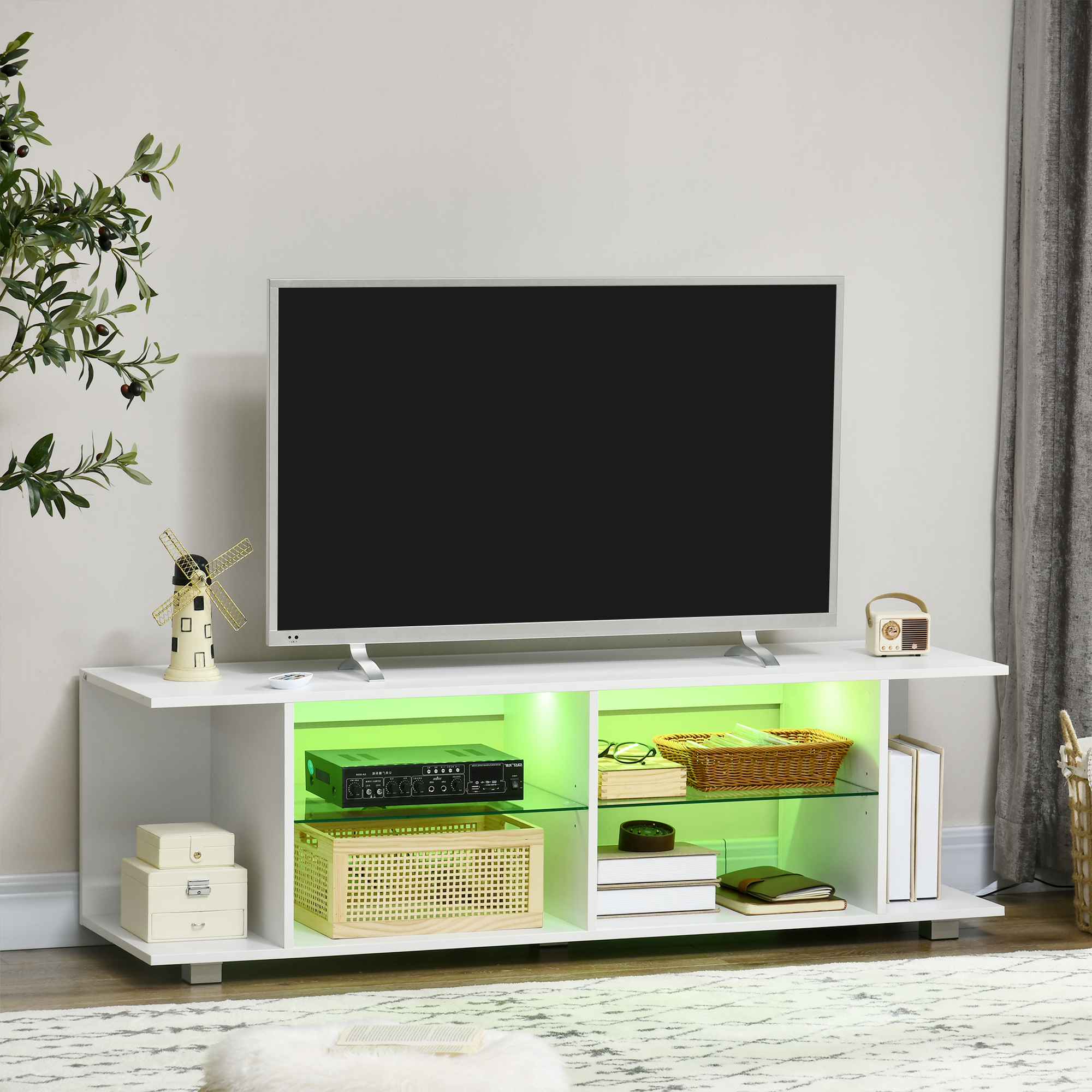 HOMCOM TV Stand, 145cm Modern TV Unit with Glass Shelves, RGB LED Light for 32 40 43 50 52 55 60 inch 4k TV, White