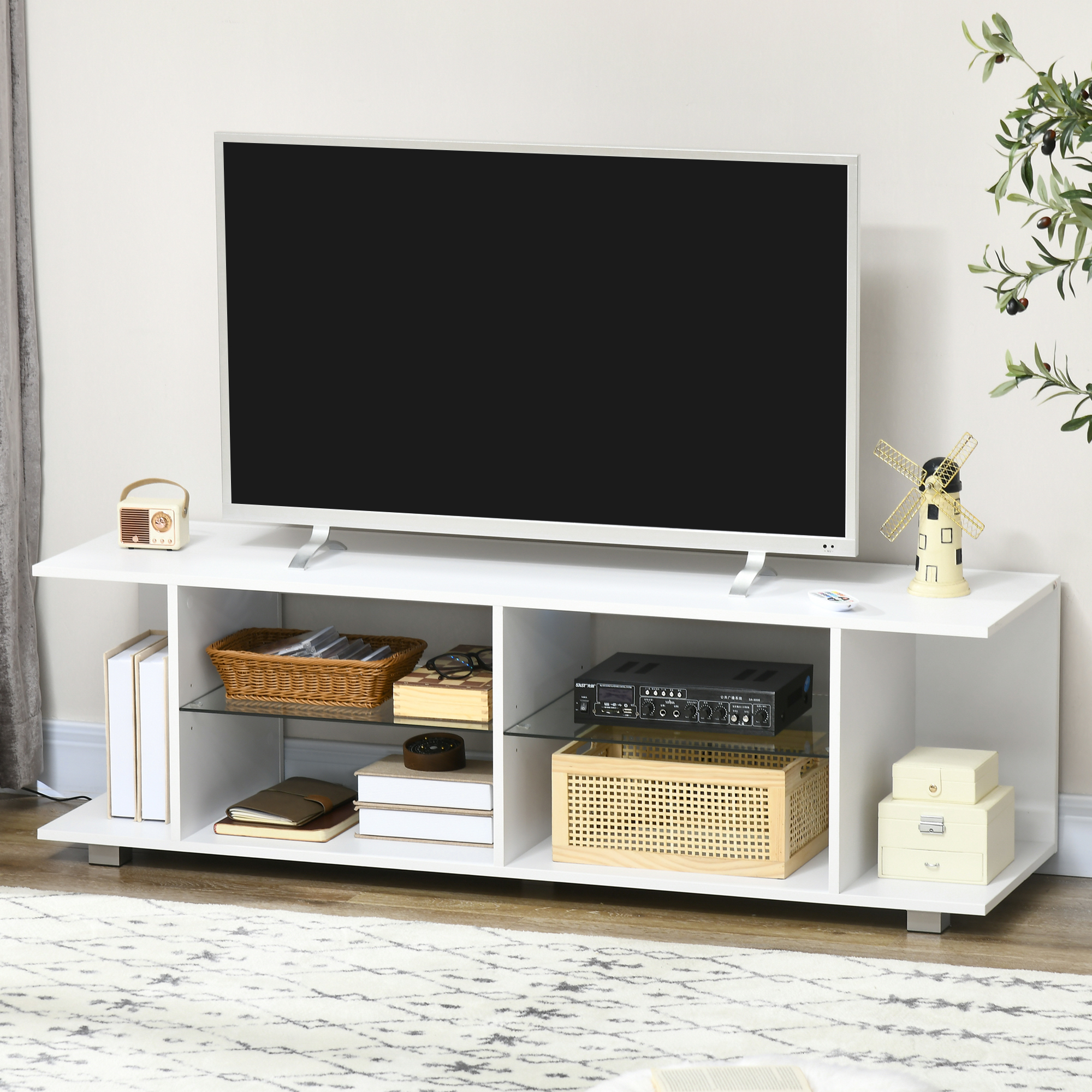 HOMCOM TV Stand, 145cm Modern TV Unit with Glass Shelves, RGB LED Light for 32 40 43 50 52 55 60 inch 4k TV, White