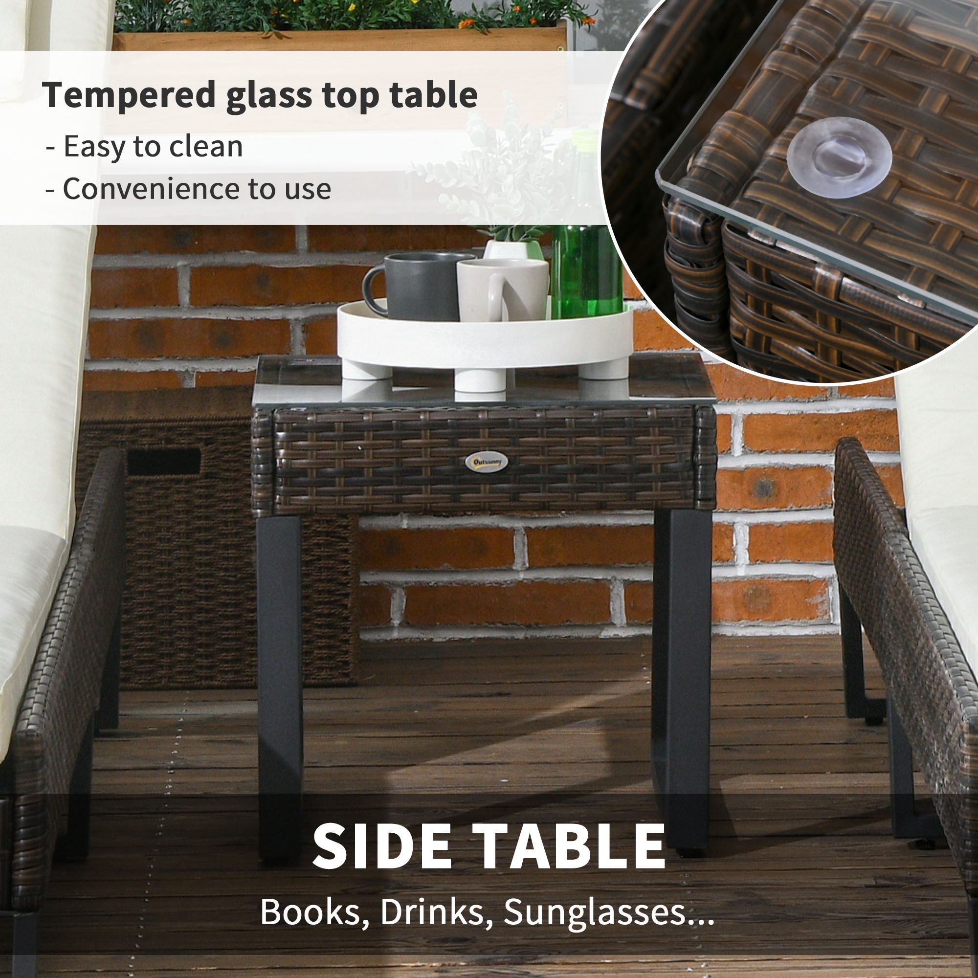 Outsunny 3-piece PE Rattan Sun Lounger Set with Adjustable 5-Position Recliner, Patio Chaise Lounge Chair Set with Cushions, Headrests, Glass Top Square Coffee Table, Light Grey