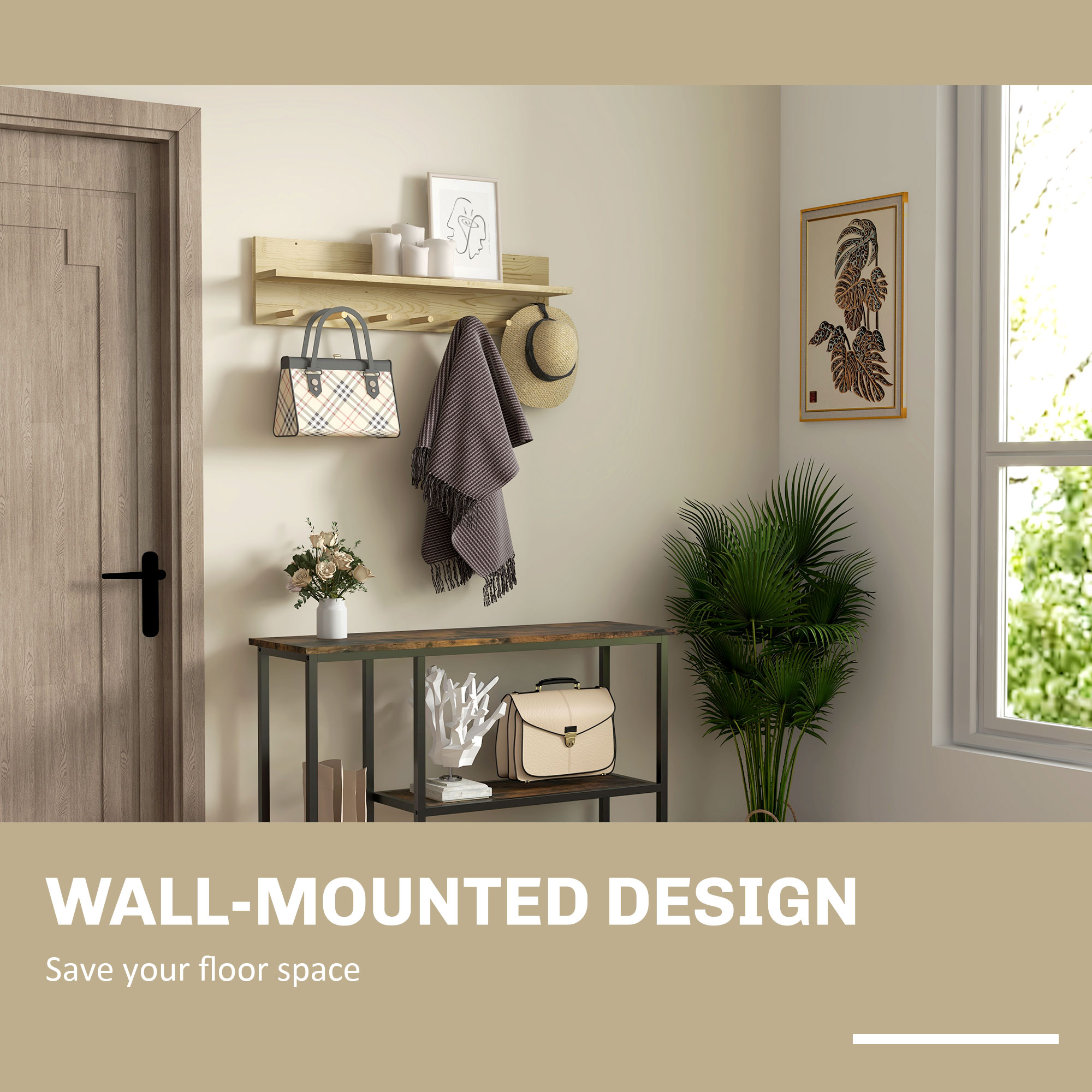  Raft Suspendat din Lemn de Brad, Raft de Perete cu 7 Carlige, Ton Natural [3]