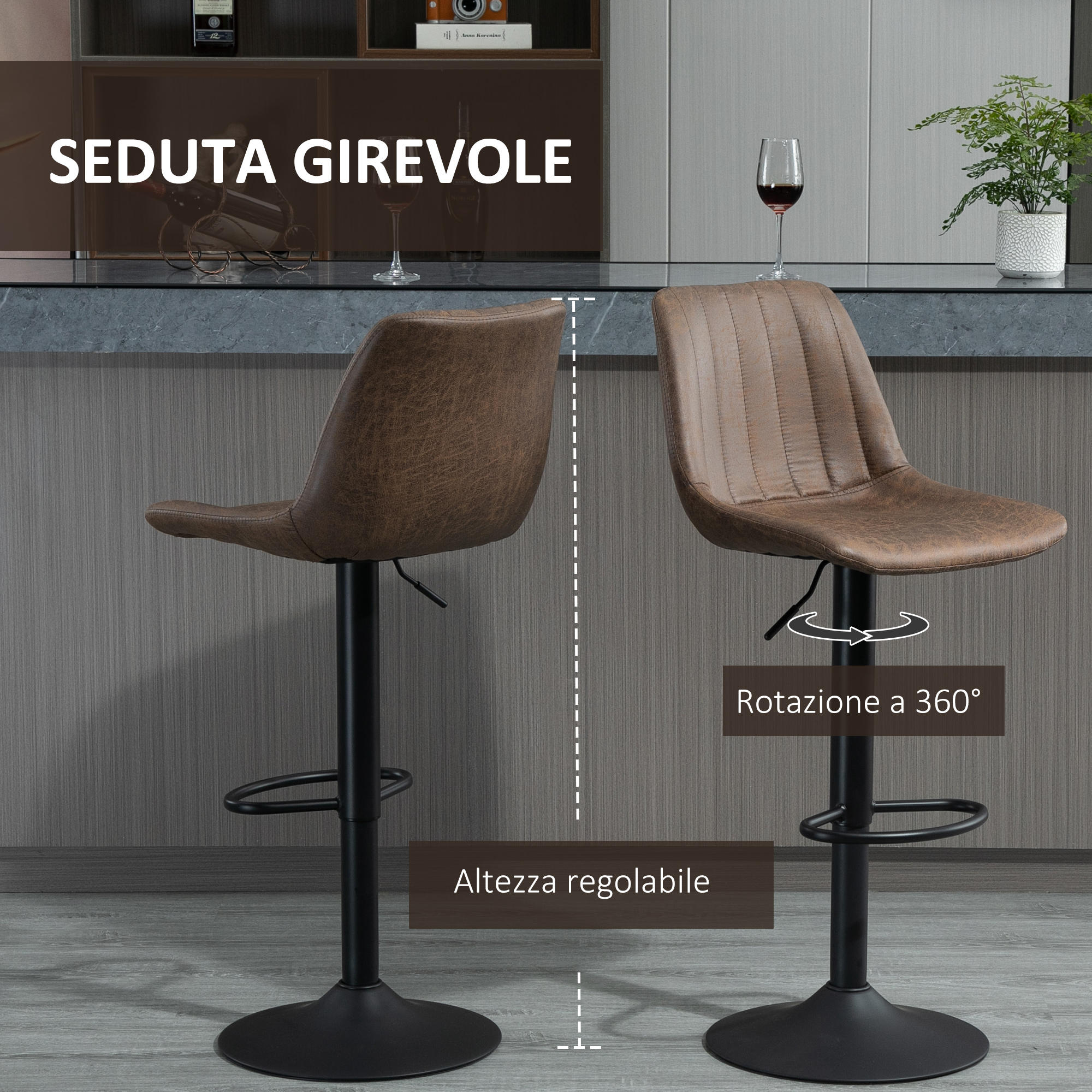 OHMG Sgabelli Da Bar Set Di 2 – In Pelle PU E Metallo, Girevoli 360° E Regolabili In Altezza – Per Cucina E Isola - 3