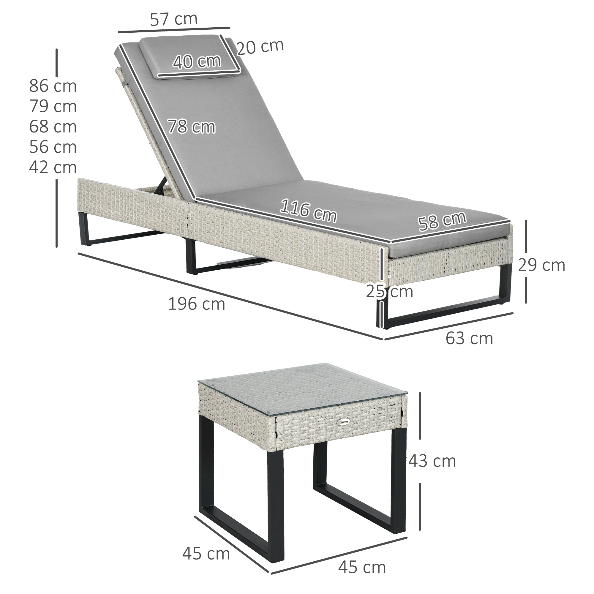 Outsunny 3-piece PE Rattan Sun Lounger Set with Adjustable 5-Position Recliner, Patio Chaise Lounge Chair Set with Cushions, Headrests, Glass Top Square Coffee Table, Light Grey