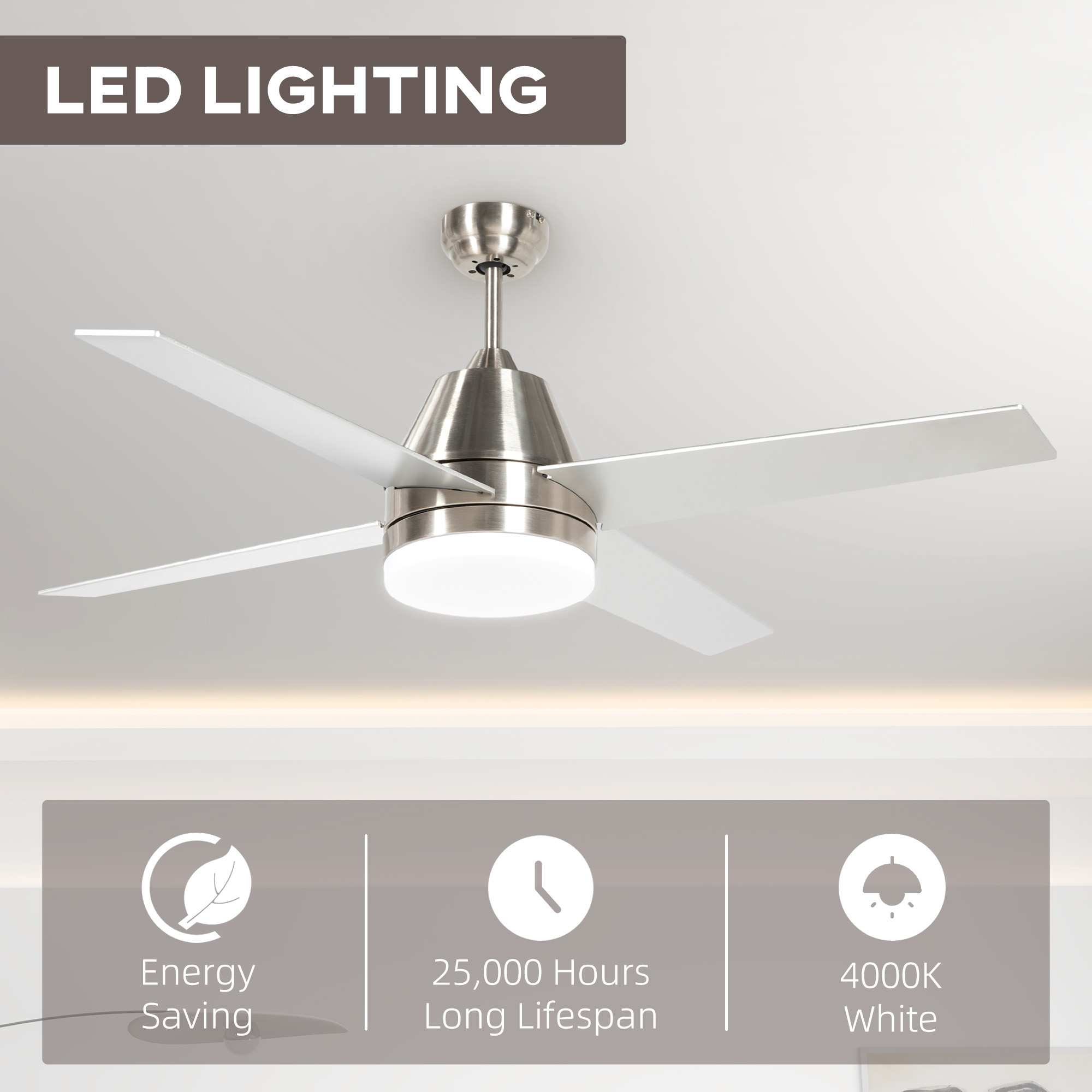 HOMCOM Ceiling Fan with LED Light, Flush Mount Ceiling Fan Lights with Reversible Blades, Remote, Silver and Black