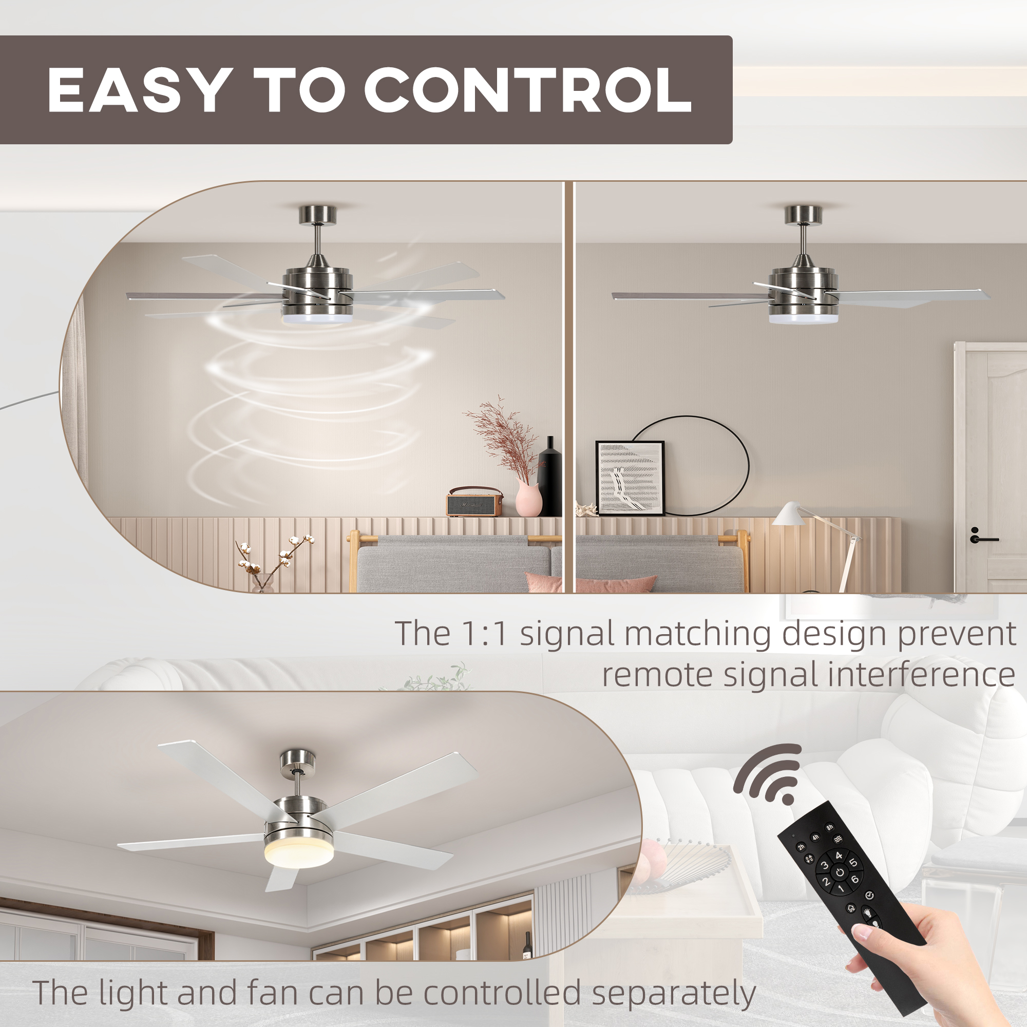 HOMCOM Ceiling Fan with Light, 132cm Flush Mount LED Ceiling Fan Light with 5 Reversible Blades, Remote Control, for Bedroom Living Room, Silver and Beech Wood-effect