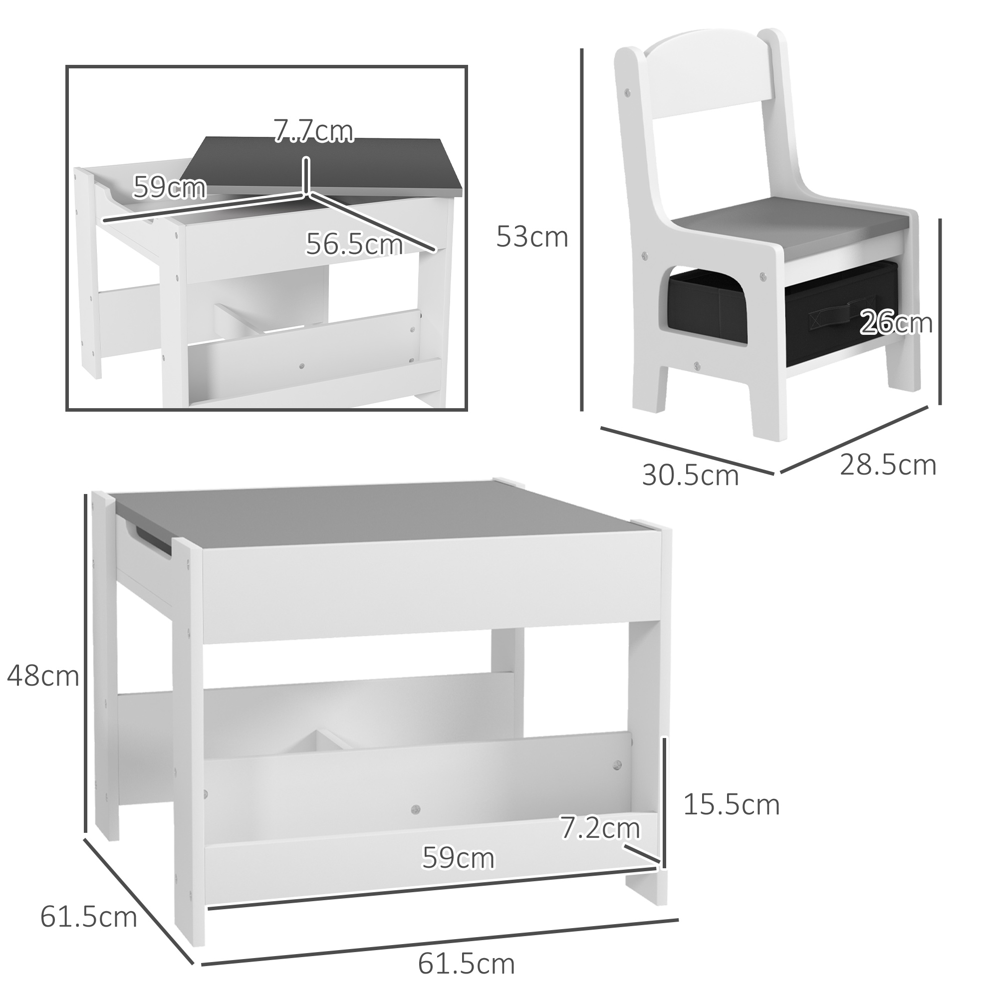 HOMCOM 3PCs Kids Table and Chair Set with Blackboard, Storage, Bookshelves, Grey