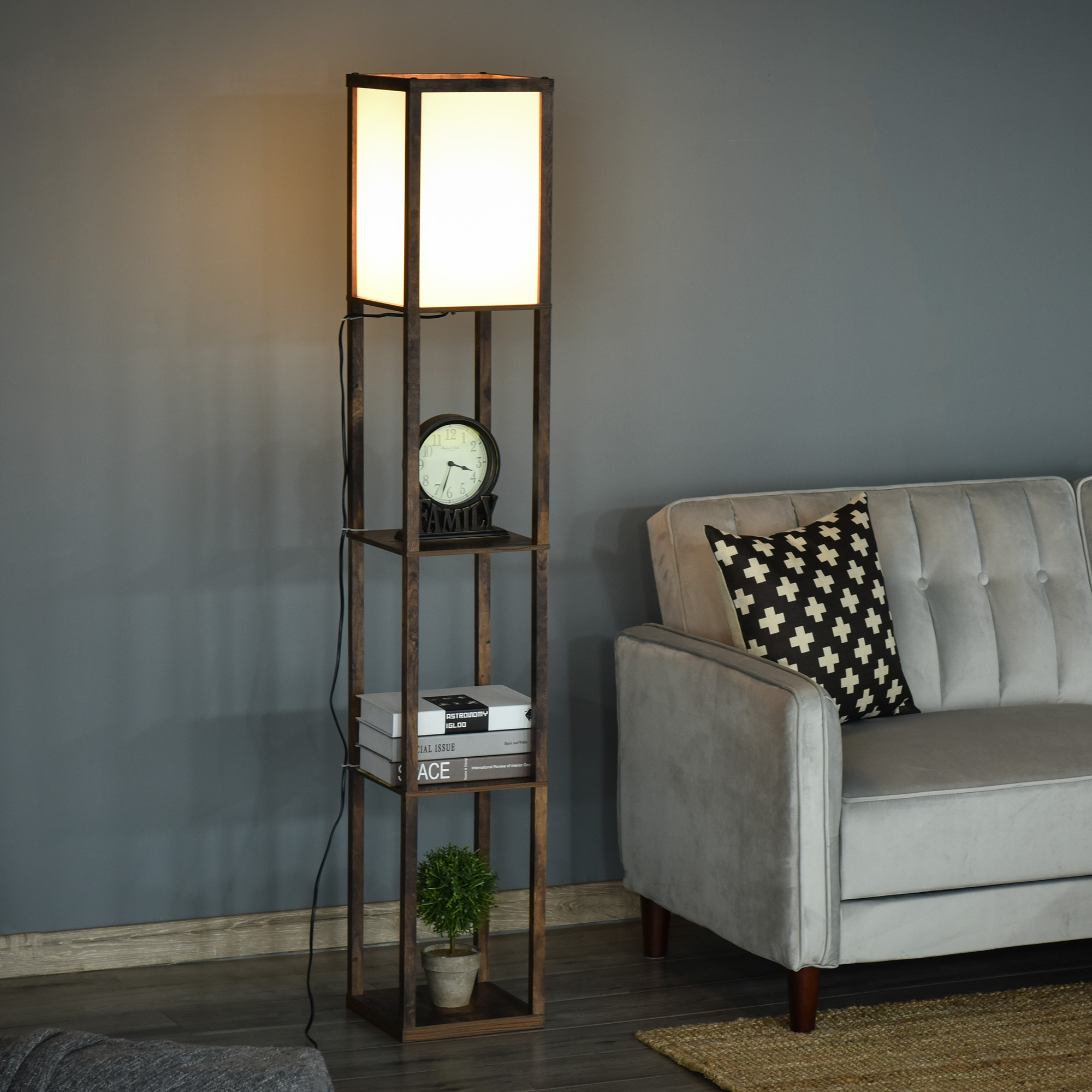 HOMCOM 3-Tier Floor Lamp, Floor Light w/ Storage Shelf, Reading Standing Lamp for Living Room, Bedroom, Office, Dorm, 160cm, Brown