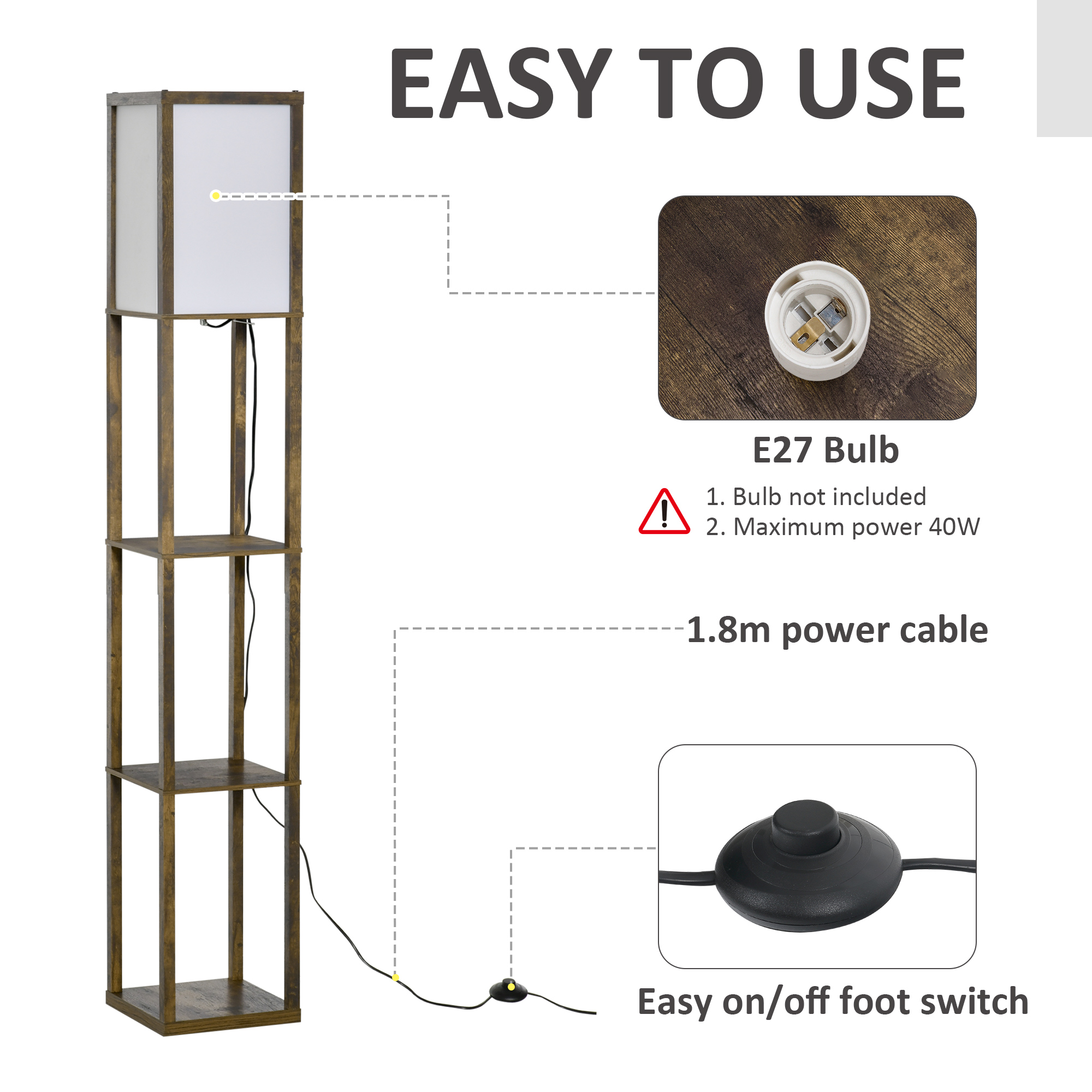 HOMCOM 3-Tier Floor Lamp, Floor Light w/ Storage Shelf, Reading Standing Lamp for Living Room, Bedroom, Office, Dorm, 160cm, Brown