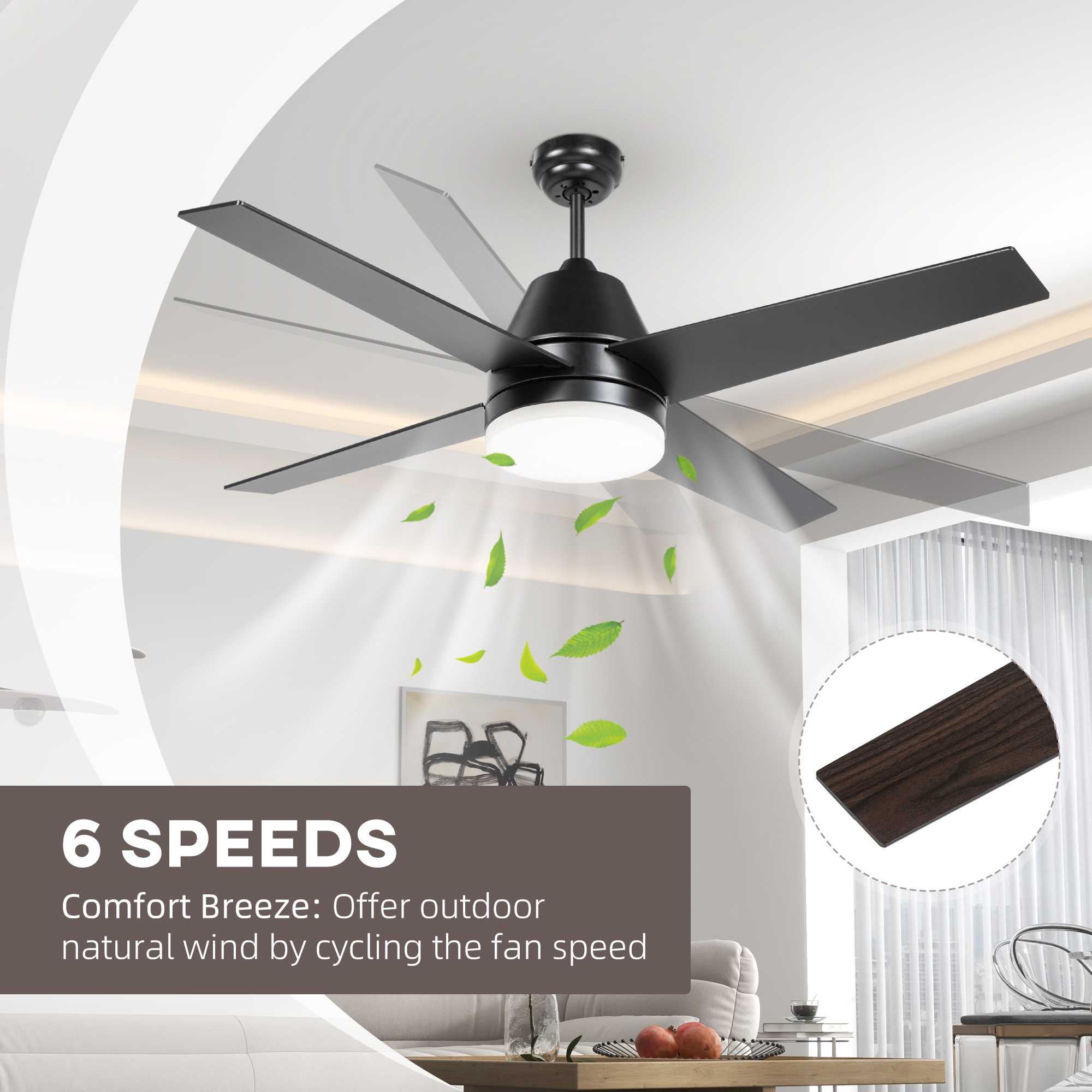 HOMCOM Ceiling Fan with LED Light, Flush Mount Ceiling Fan Lights with Reversible Blades, Remote, Black and Walnut Brown