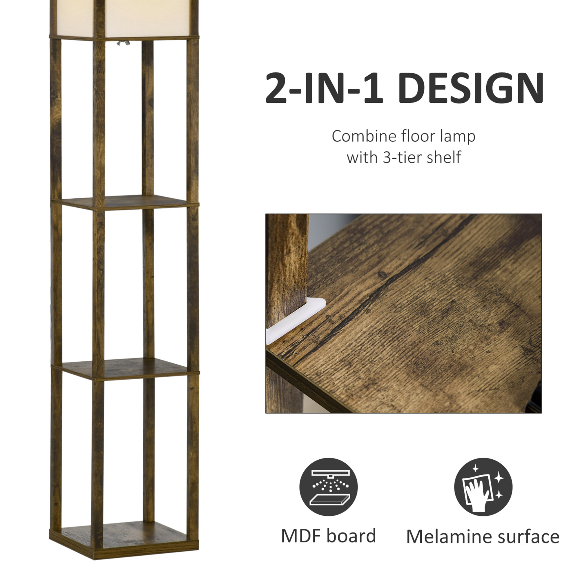 HOMCOM 3-Tier Floor Lamp, Floor Light w/ Storage Shelf, Reading Standing Lamp for Living Room, Bedroom, Office, Dorm, 160cm, Brown