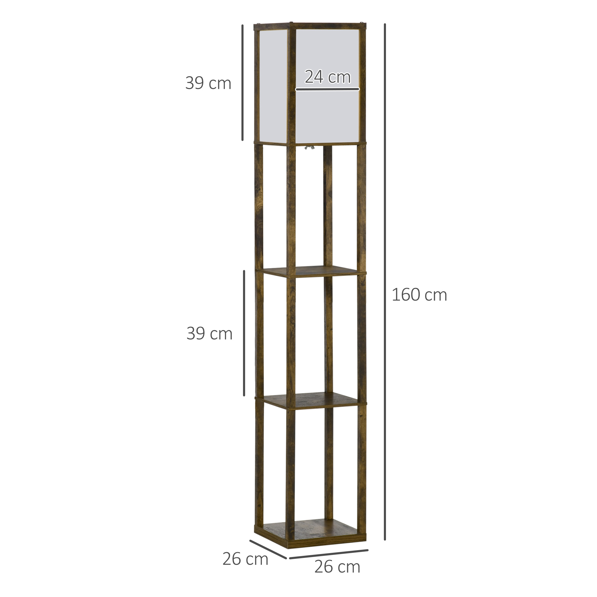 HOMCOM 3-Tier Floor Lamp, Floor Light w/ Storage Shelf, Reading Standing Lamp for Living Room, Bedroom, Office, Dorm, 160cm, Brown