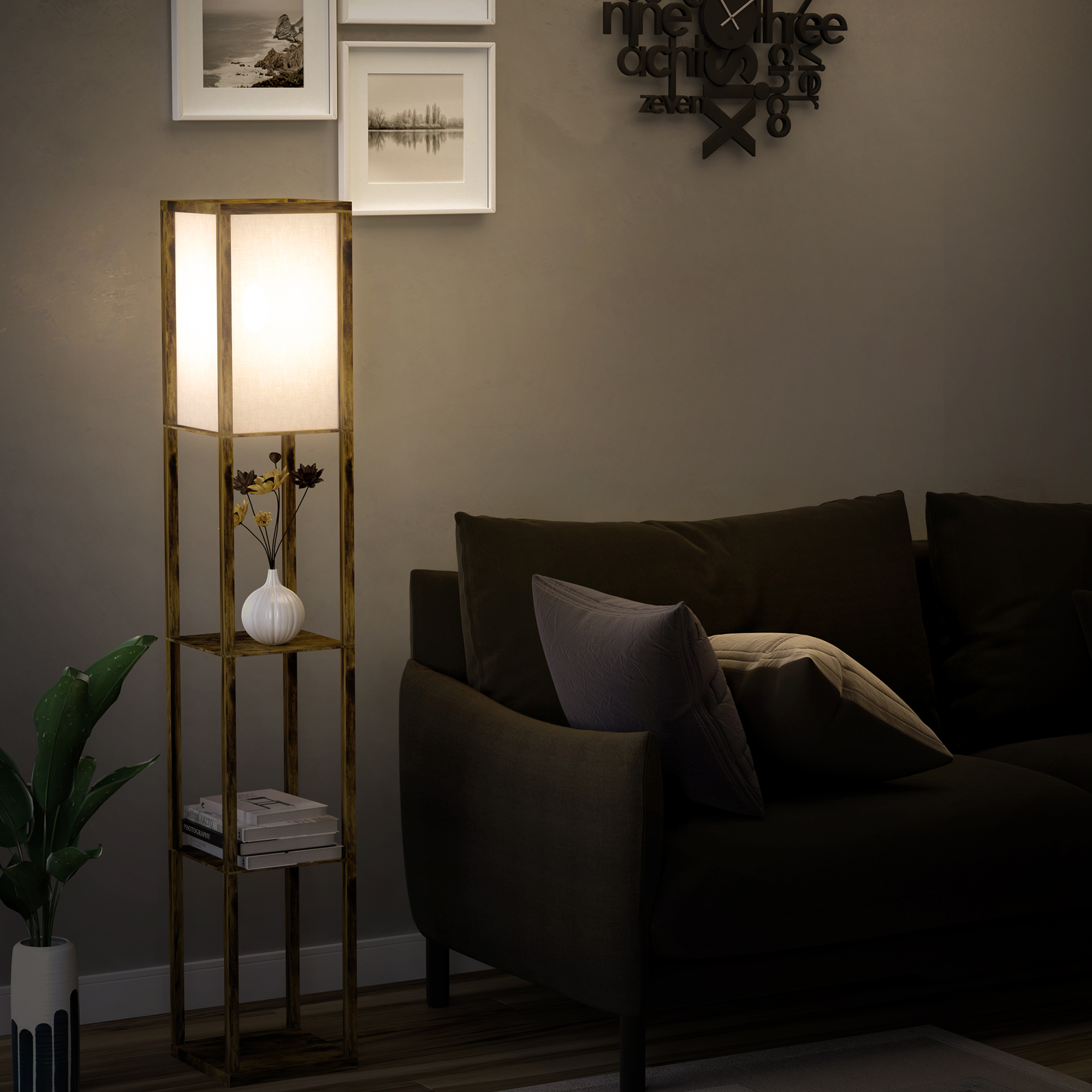 HOMCOM 3-Tier Floor Lamp, Floor Light w/ Storage Shelf, Reading Standing Lamp for Living Room, Bedroom, Office, Dorm, 160cm, Brown