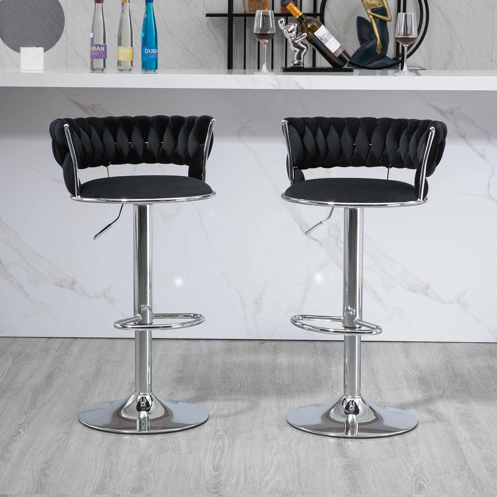 HOMCOM Set 2 Sgabelli Bar Con Altezza Regolabile, Sgabelli Cucina Alti In Tessuto Effetto Lino Con Schienale, Poggiapiedi E Seduta Morbida, Struttura In Metallo, Sedie Bar Alte Girevoli A 360°, Nero