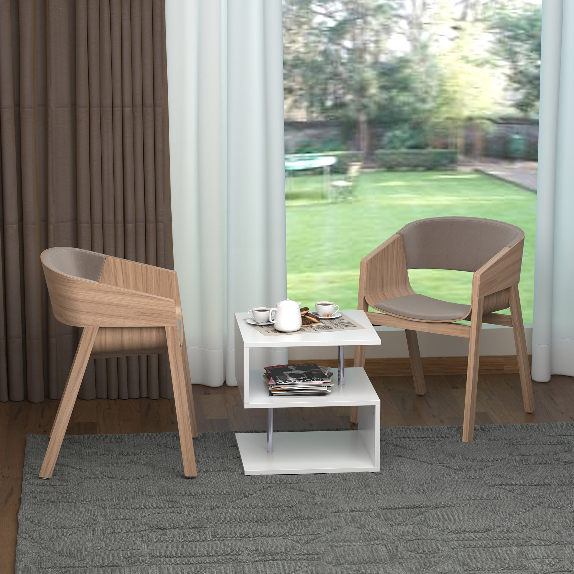 HOMCOM S-Shape Coffee Table, 2 Tier Storage Shelves, Versatile Organizer for Living Room, Home Office Furniture, White