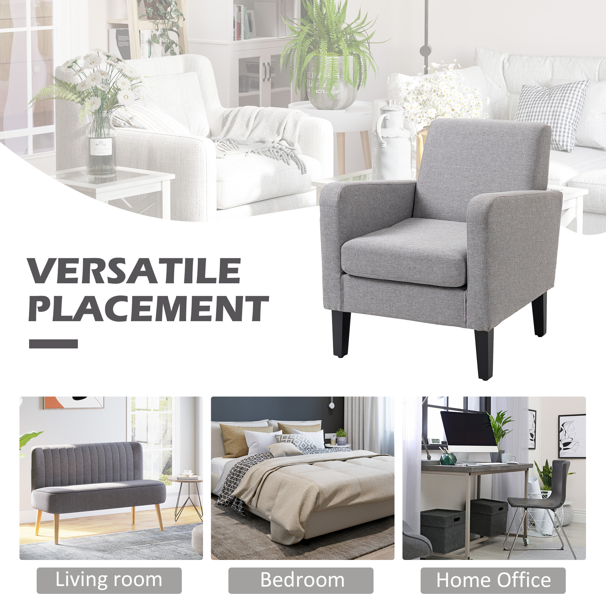 HOMCOM Modern Accent Chair, Occasional Chair with Rubber Wood Legs for Living Room, Bedroom, Light Grey