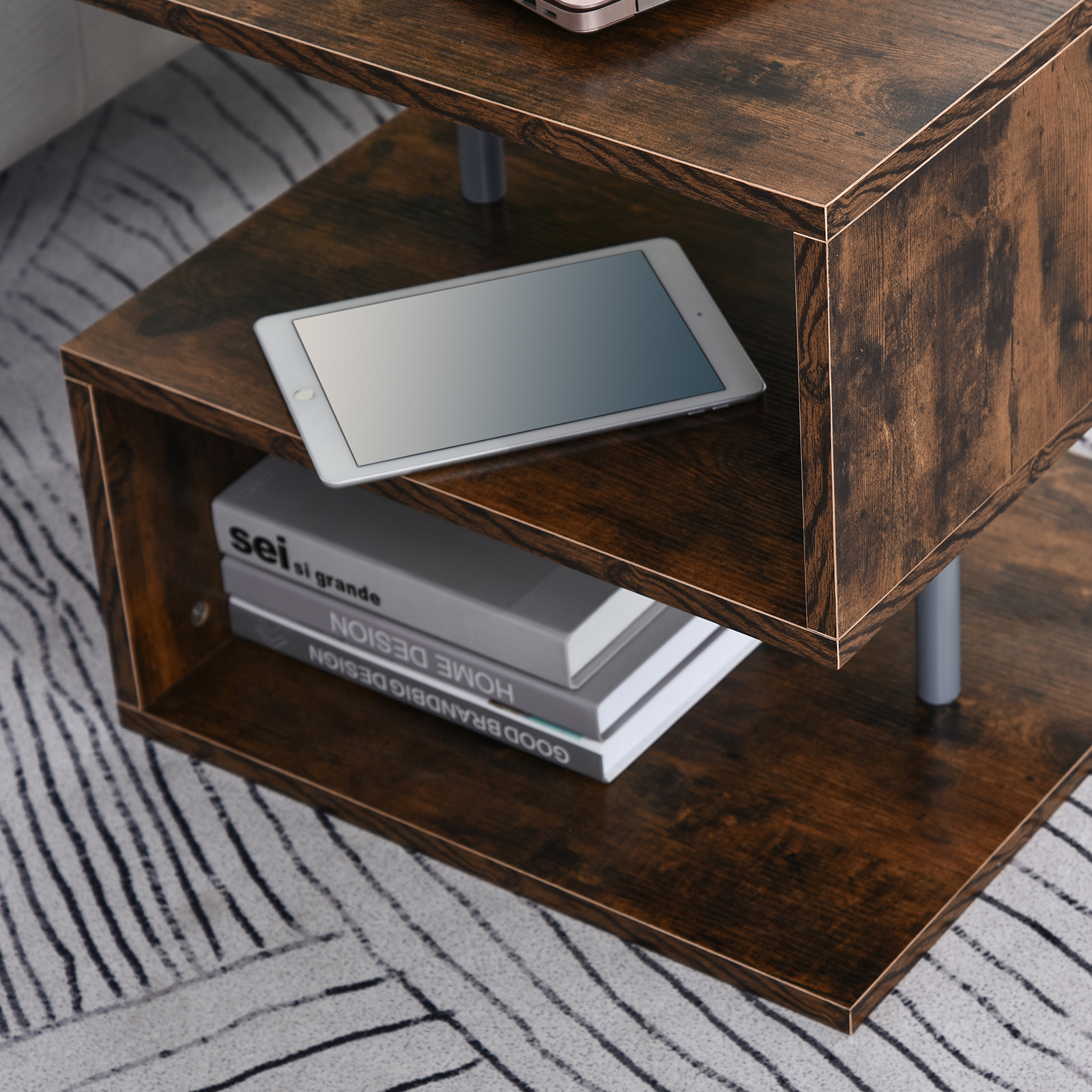 HOMCOM Coffee End Table S shape 2 Tier Storage Shelves Organizer Versatile Home office furniture (Natural)