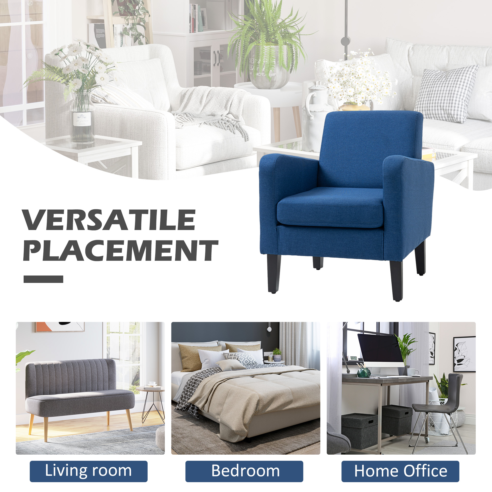 HOMCOM Modern Accent Chair, Occasional Chair with Rubber Wood Legs for Living Room, Bedroom, Blue