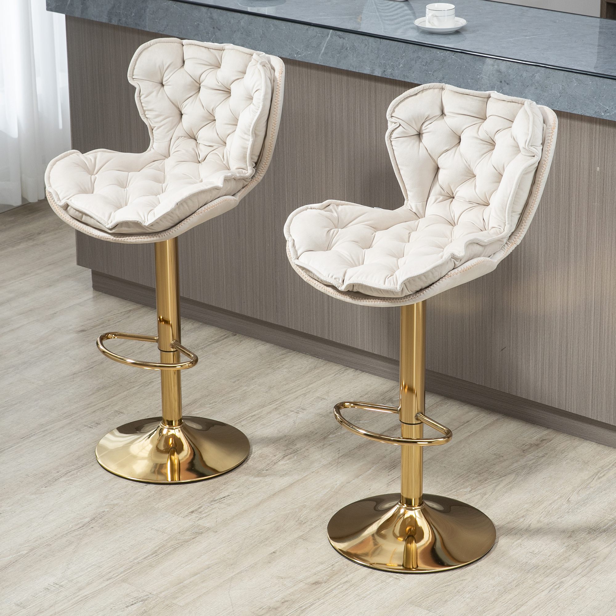 Set Di 2 Sgabelli Da Bar Girevoli Regolabili In Velluto - Altezza 60-79,5 Cm, Colore Avorio - Foto 9