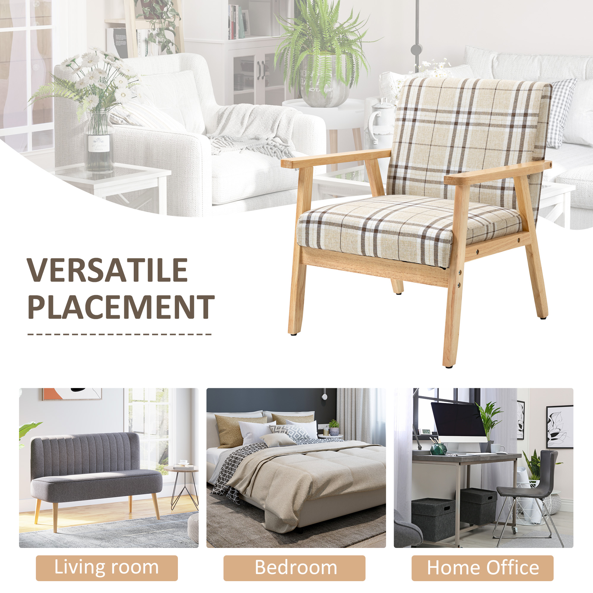 HOMCOM Modern Accent Chairs with Cushioned Seat, Upholstered Linen-Feel Armchair for Bedroom, Living Room Chair with Arms and Wood Legs, Beige