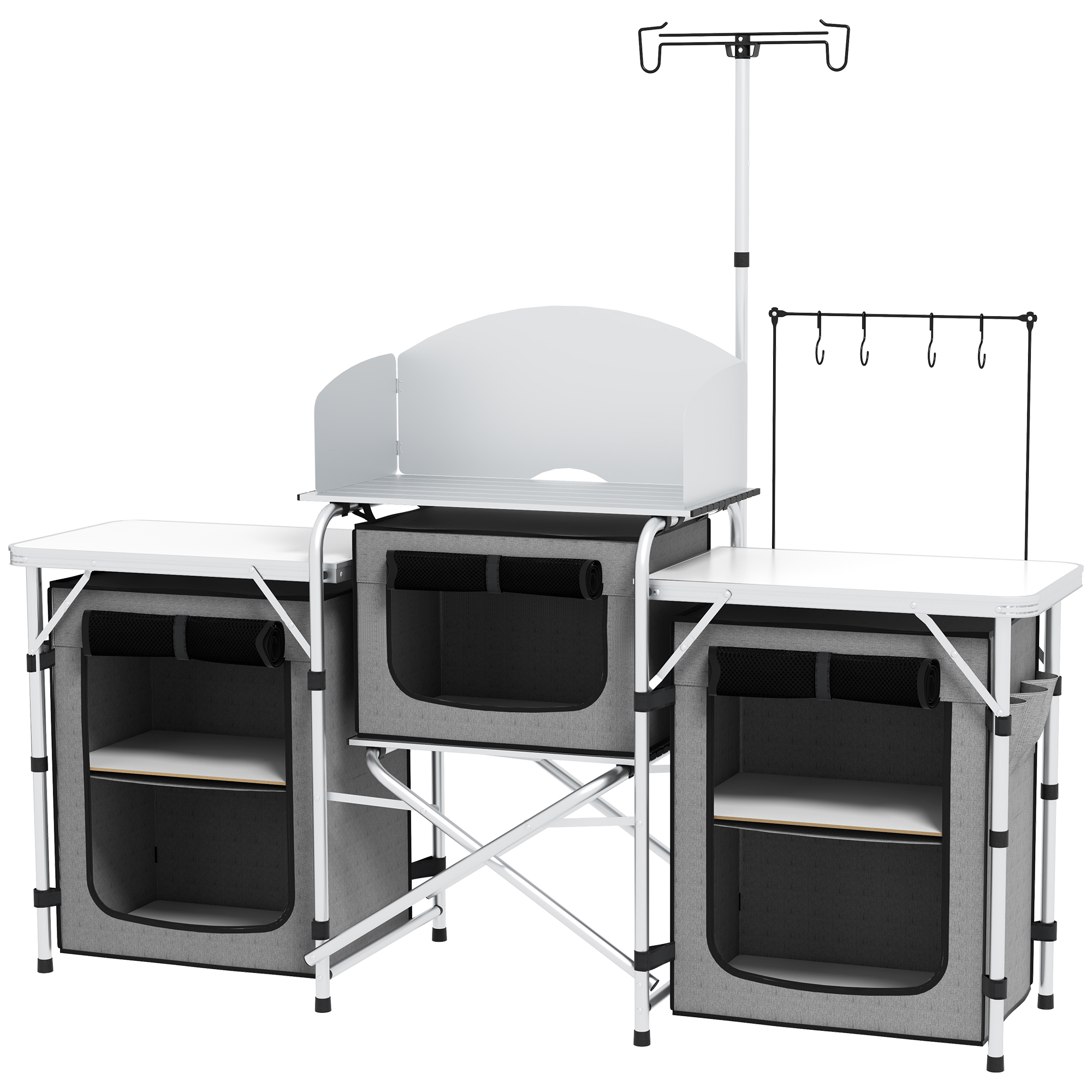Cuisine De Camping Outsunny - Meuble Aluminium Avec Étagères, Sac Transport, 60x50x104.5cm Gris - Plan De Travail Pliable