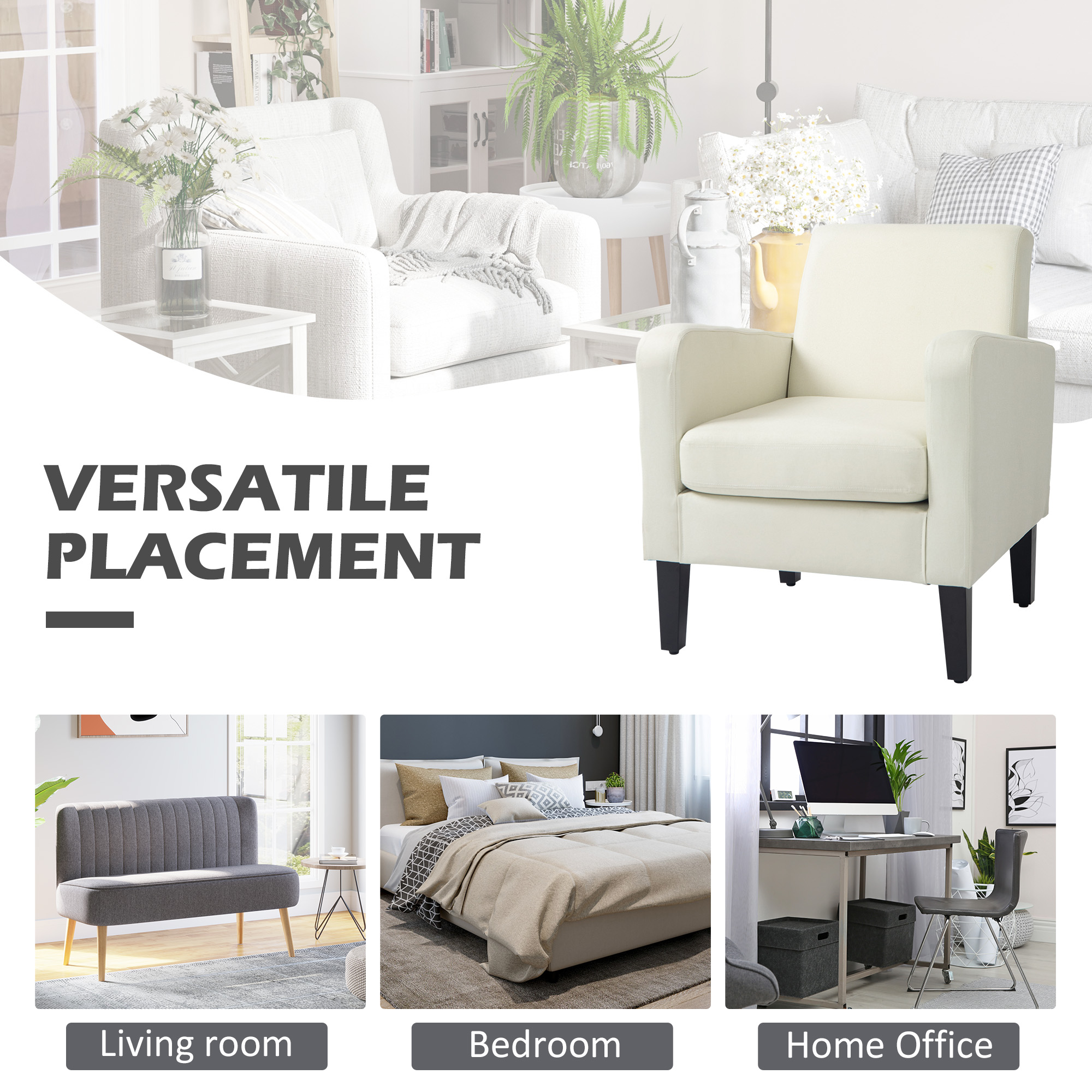 HOMCOM Modern Accent Chair, Occasional Chair with Rubber Wood Legs for Living Room, Bedroom, Cream White