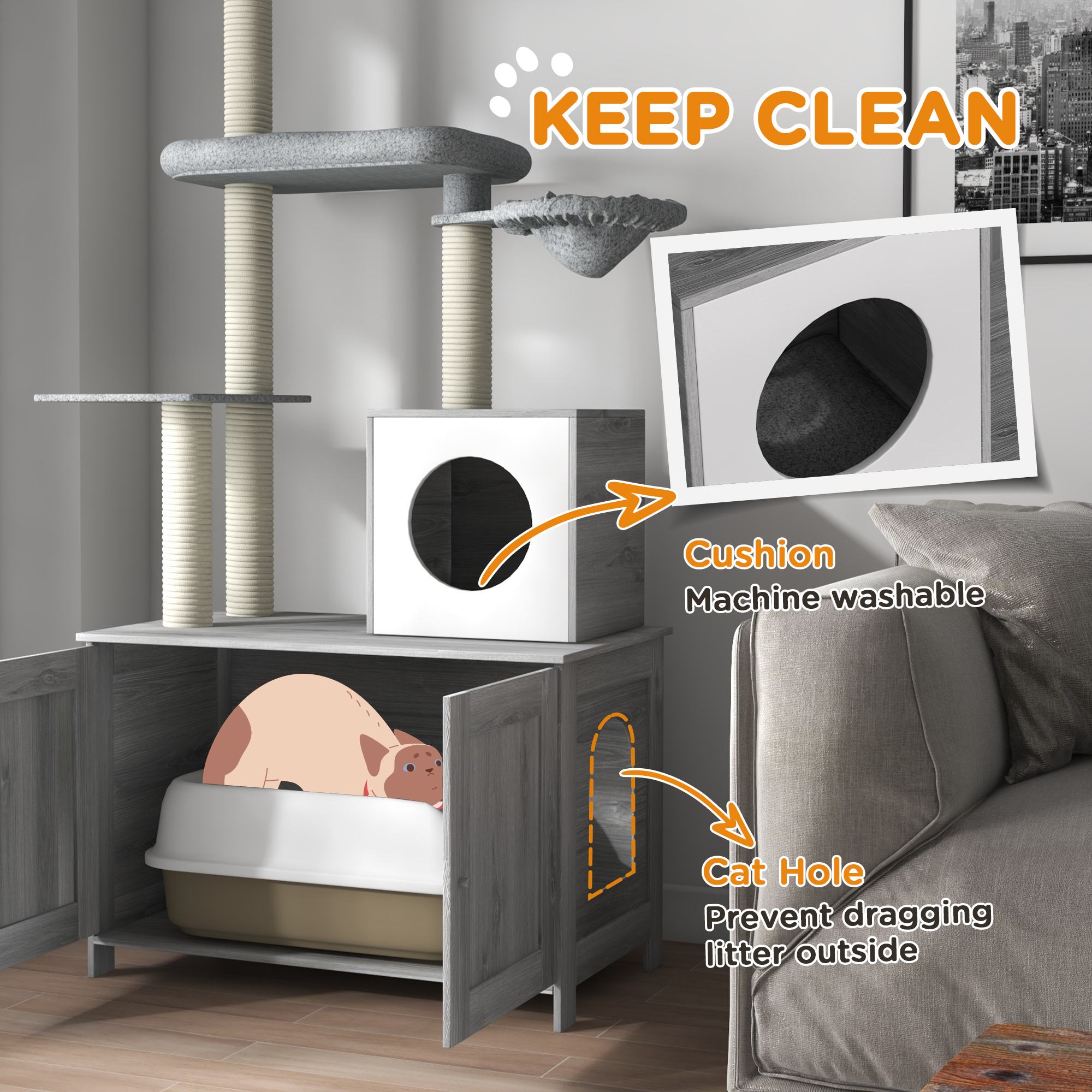 PawHut Cat Tree with Hidden Litter Box, 2 in 1 Floor to Ceiling Cat Litter Box Furniture with Cat House, Bed, Hammock, Scratching Posts and Platforms, for Indoor Use, Grey