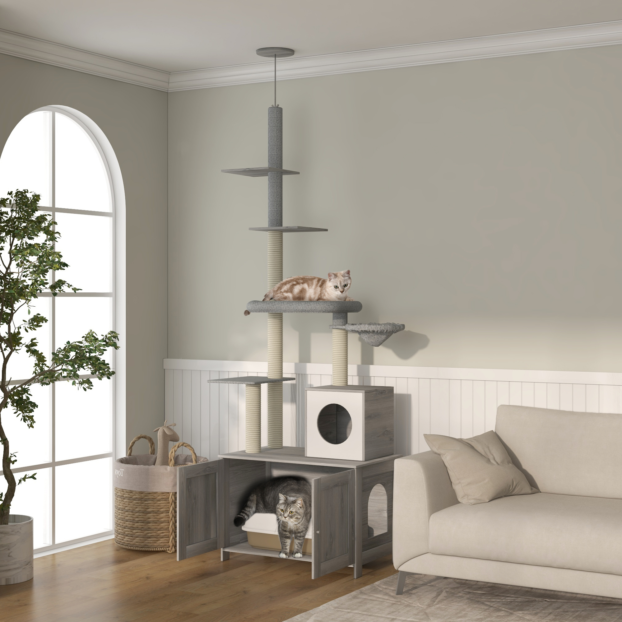 PawHut Cat Tree with Hidden Litter Box, 2 in 1 Floor to Ceiling Cat Litter Box Furniture with Cat House, Bed, Hammock, Scratching Posts and Platforms, for Indoor Use, Grey