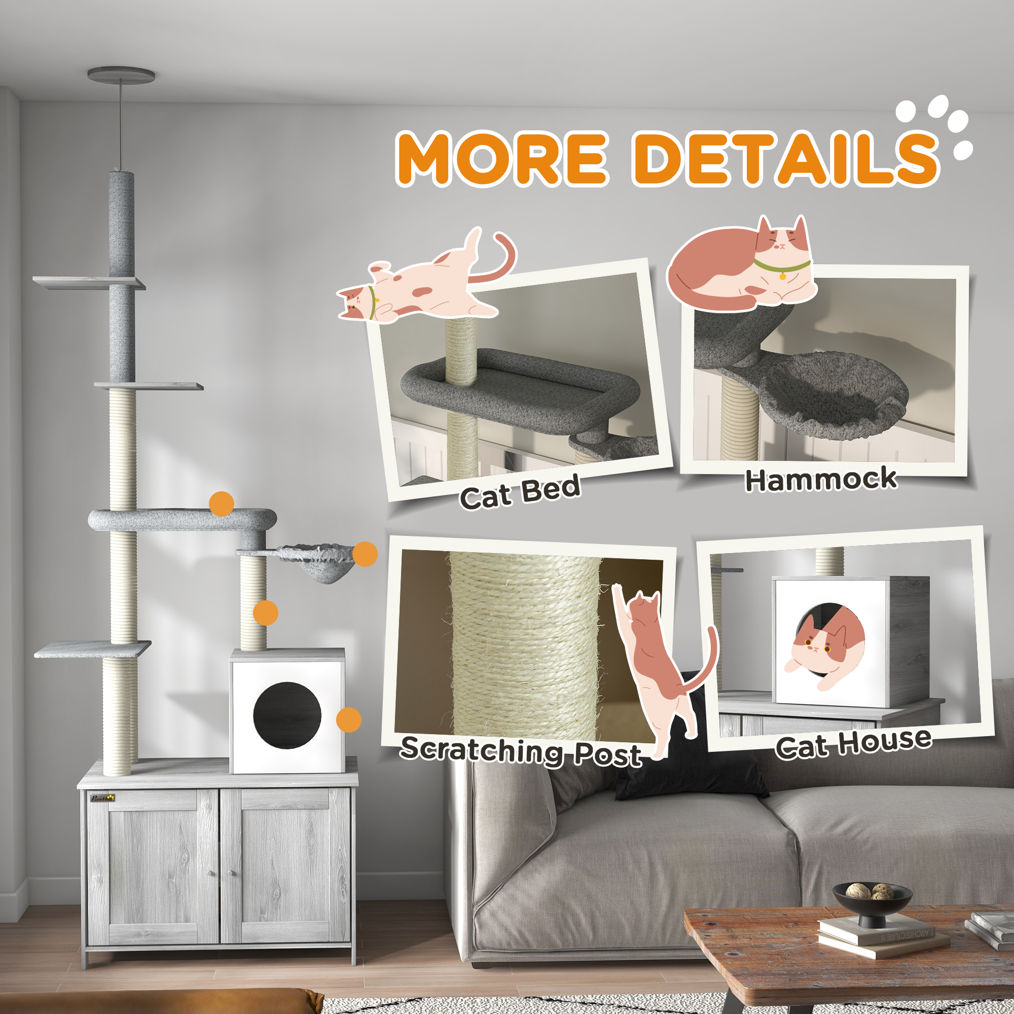 PawHut Cat Tree with Hidden Litter Box, 2 in 1 Floor to Ceiling Cat Litter Box Furniture with Cat House, Bed, Hammock, Scratching Posts and Platforms, for Indoor Use, Grey