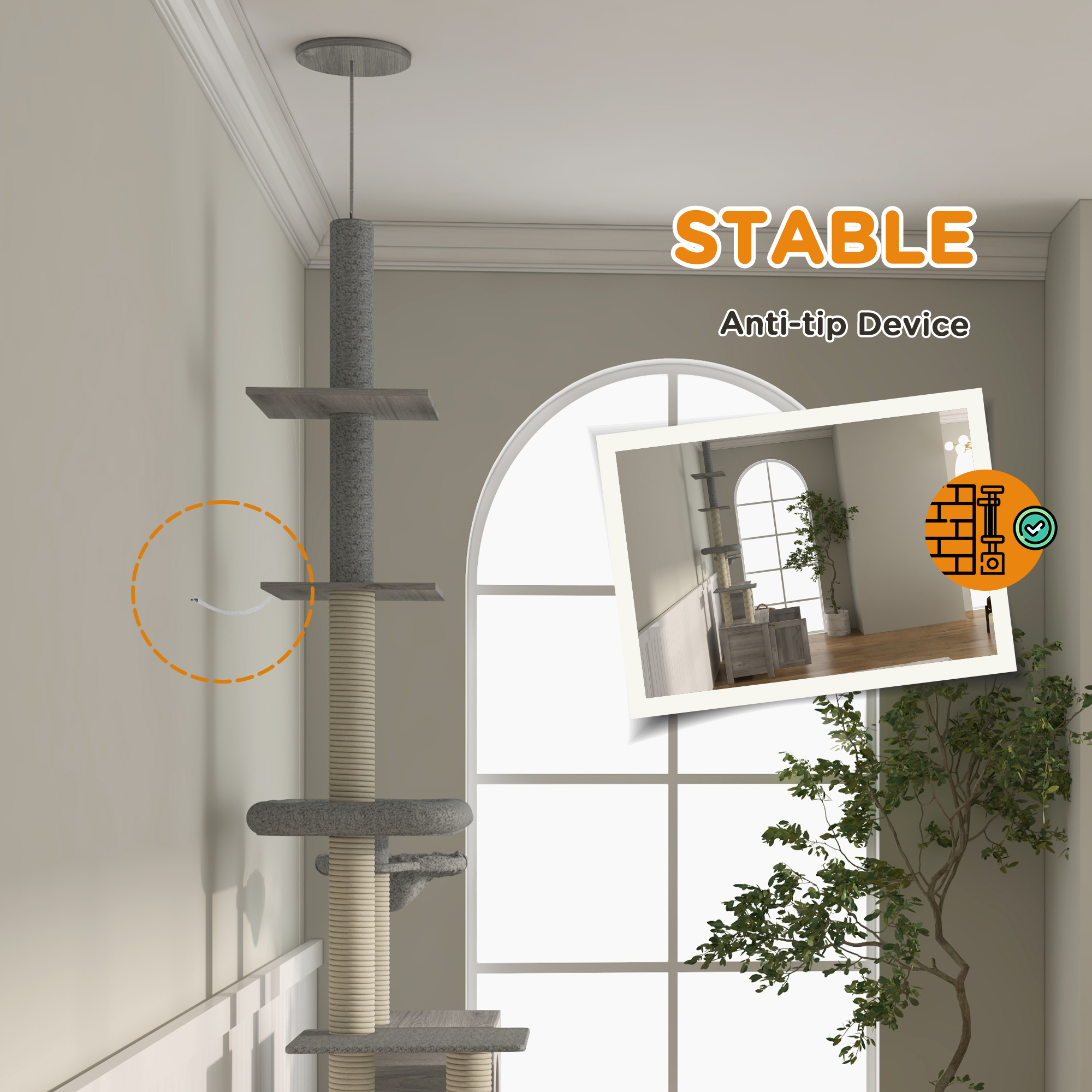 PawHut Cat Tree with Hidden Litter Box, 2 in 1 Floor to Ceiling Cat Litter Box Furniture with Cat House, Bed, Hammock, Scratching Posts and Platforms, for Indoor Use, Grey