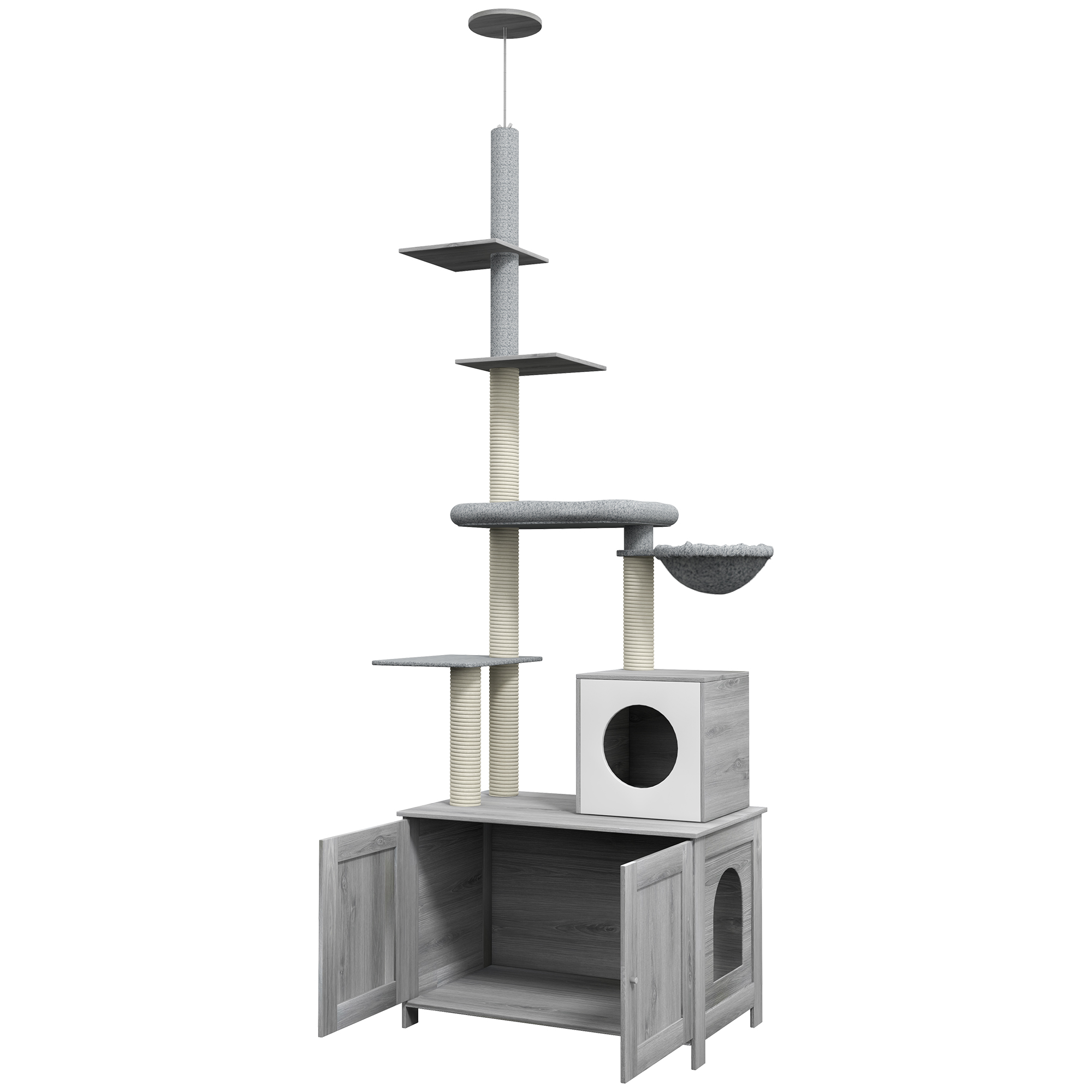 PawHut Cat Tree with Hidden Litter Box, 2 in 1 Floor to Ceiling Cat Litter Box Furniture with Cat House, Bed, Hammock, Scratching Posts and Platforms, for Indoor Use, Grey