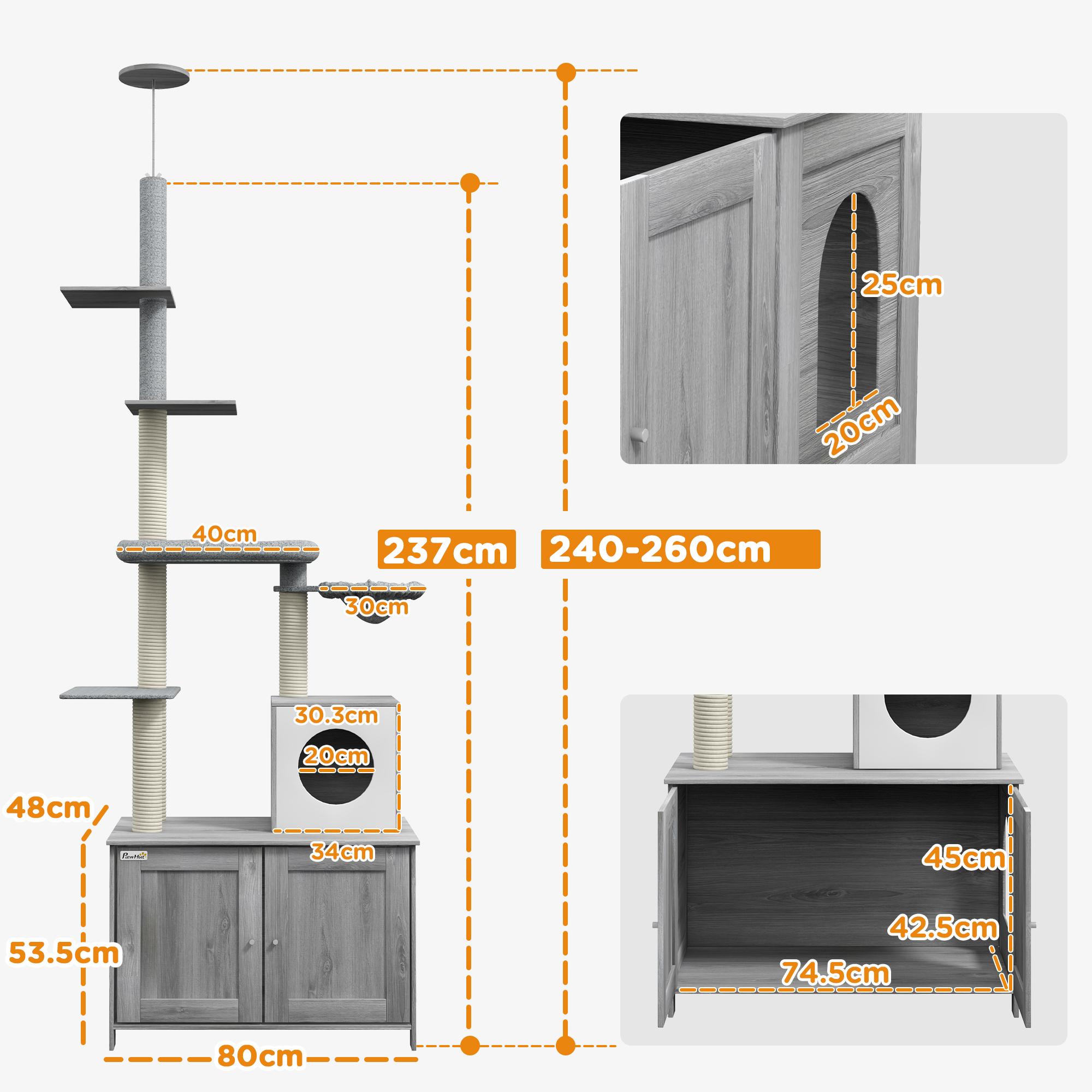 PawHut Cat Tree with Hidden Litter Box, 2 in 1 Floor to Ceiling Cat Litter Box Furniture with Cat House, Bed, Hammock, Scratching Posts and Platforms, for Indoor Use, Grey