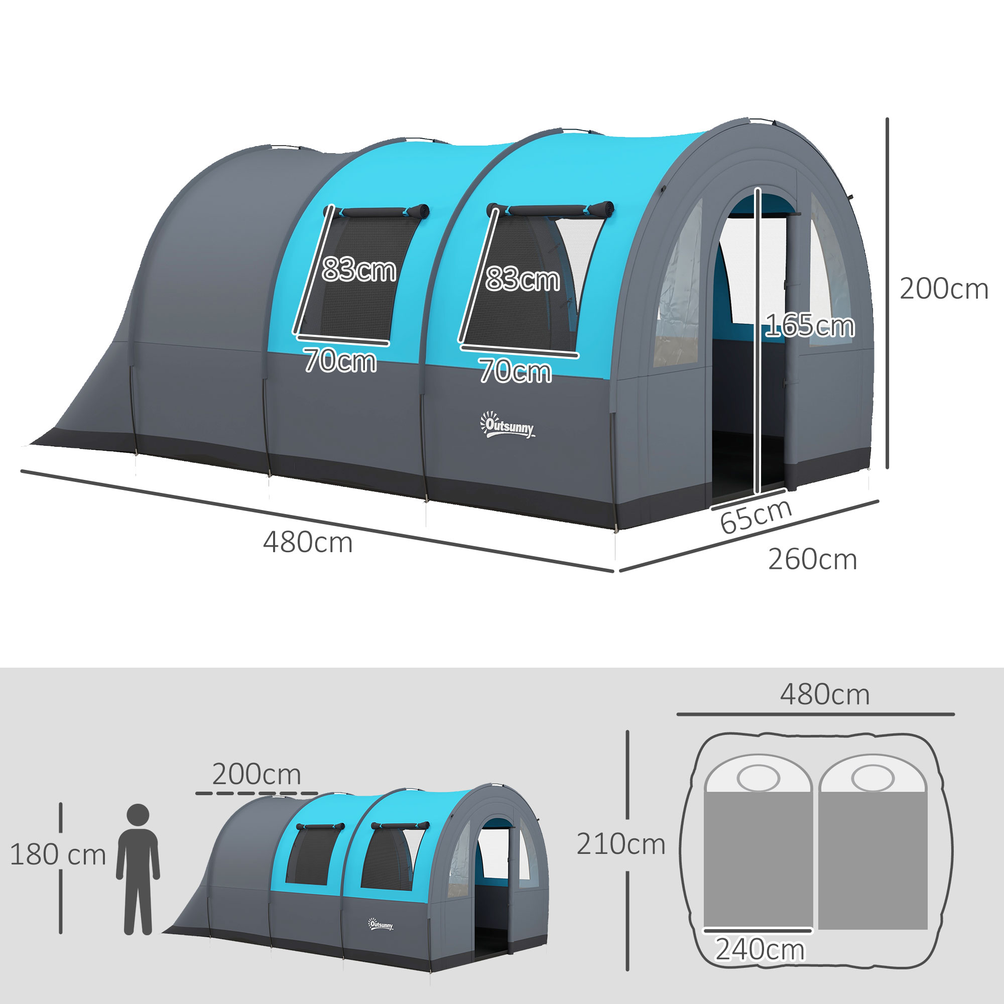 Outsunny 3000mm Waterproof Camping Tent, 5-6 Man Family Tent with Living and Bedroom, Carry Bag Included, Grey and Blue