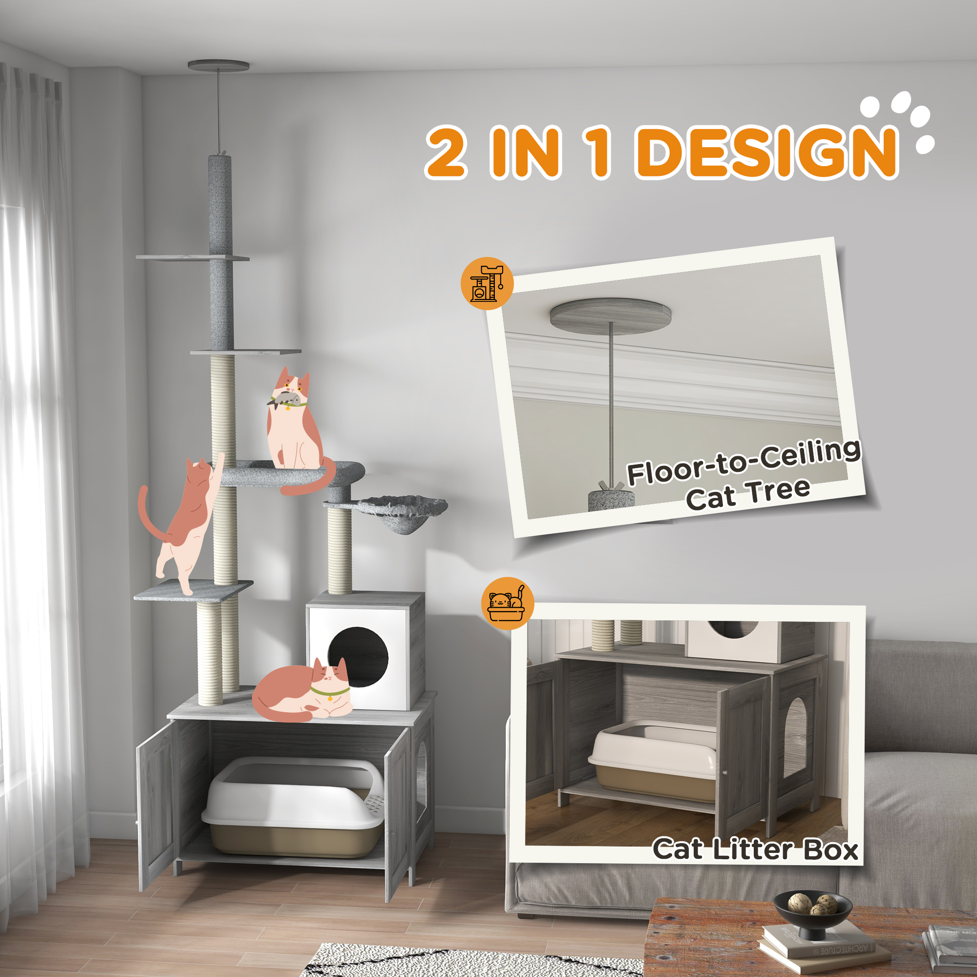 PawHut Cat Tree with Hidden Litter Box, 2 in 1 Floor to Ceiling Cat Litter Box Furniture with Cat House, Bed, Hammock, Scratching Posts and Platforms, for Indoor Use, Grey