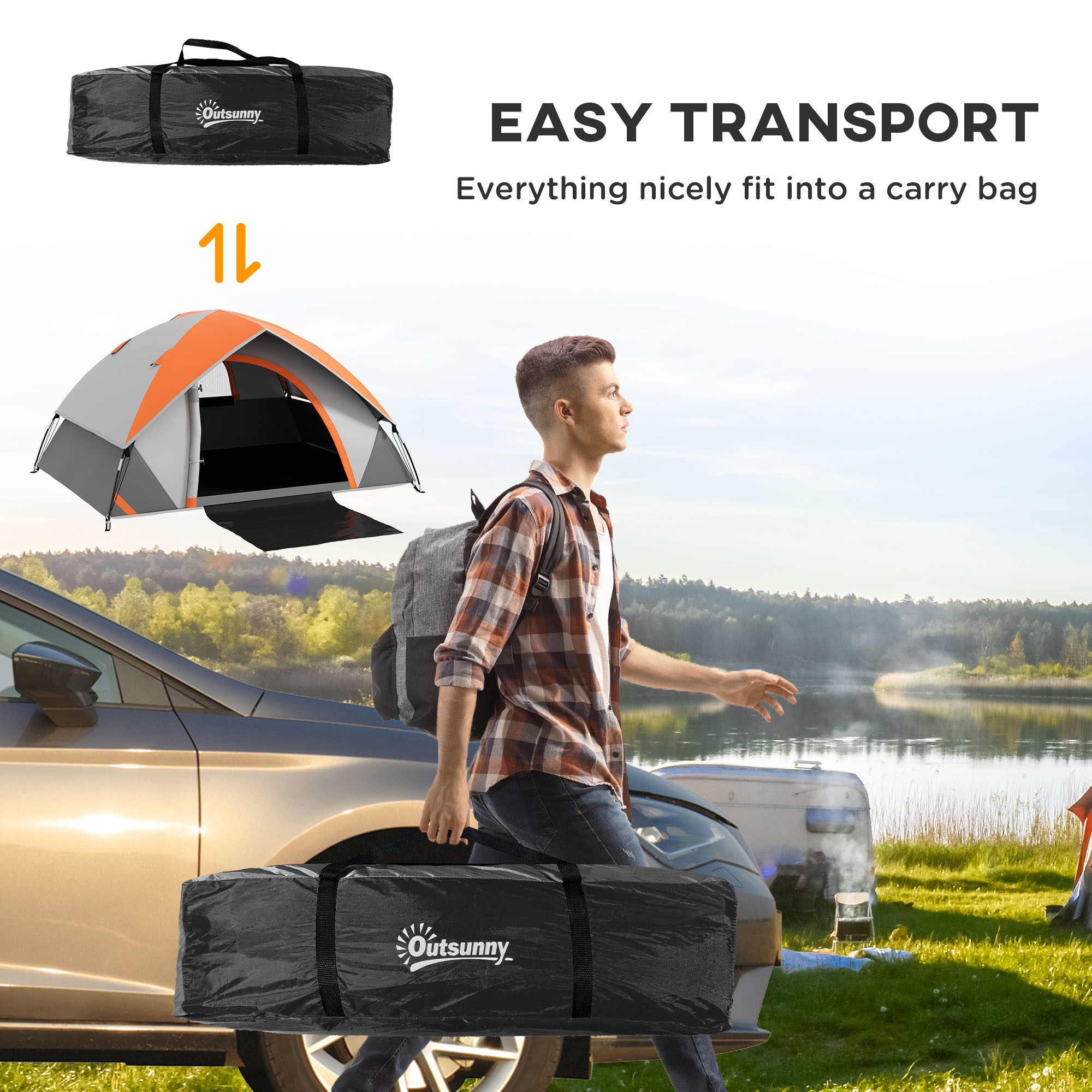 Outsunny 4-5 Man Single Room Camping Tent, 3000mm Waterproof, with Sewn-in Groundsheet and Carry Bag, Grey and Orange