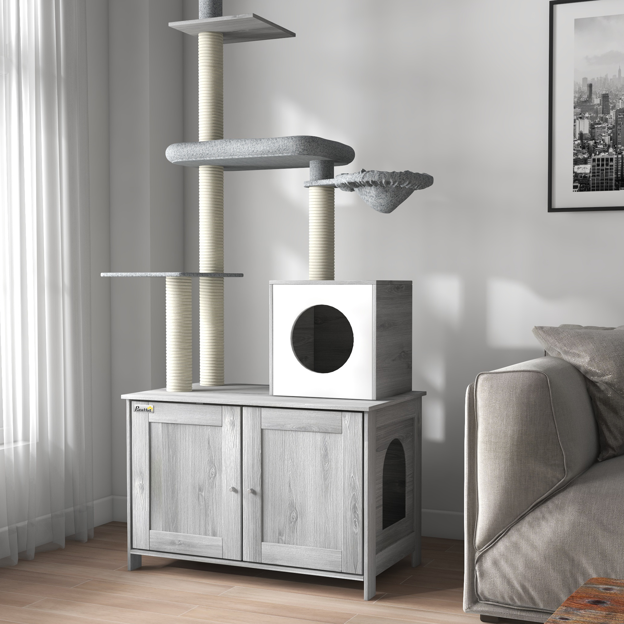 PawHut Cat Tree with Hidden Litter Box, 2 in 1 Floor to Ceiling Cat Litter Box Furniture with Cat House, Bed, Hammock, Scratching Posts and Platforms, for Indoor Use, Grey
