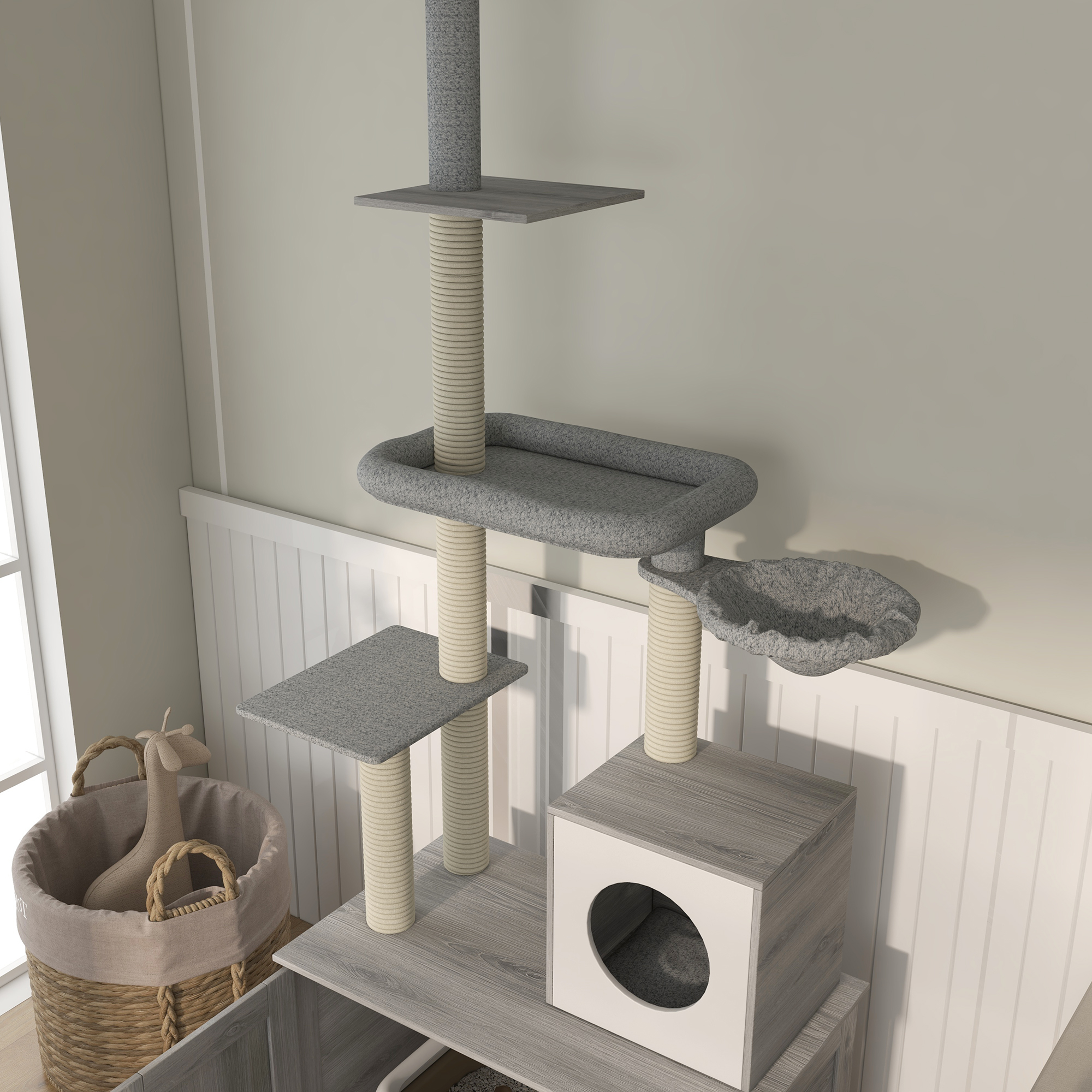 PawHut Cat Tree with Hidden Litter Box, 2 in 1 Floor to Ceiling Cat Litter Box Furniture with Cat House, Bed, Hammock, Scratching Posts and Platforms, for Indoor Use, Grey