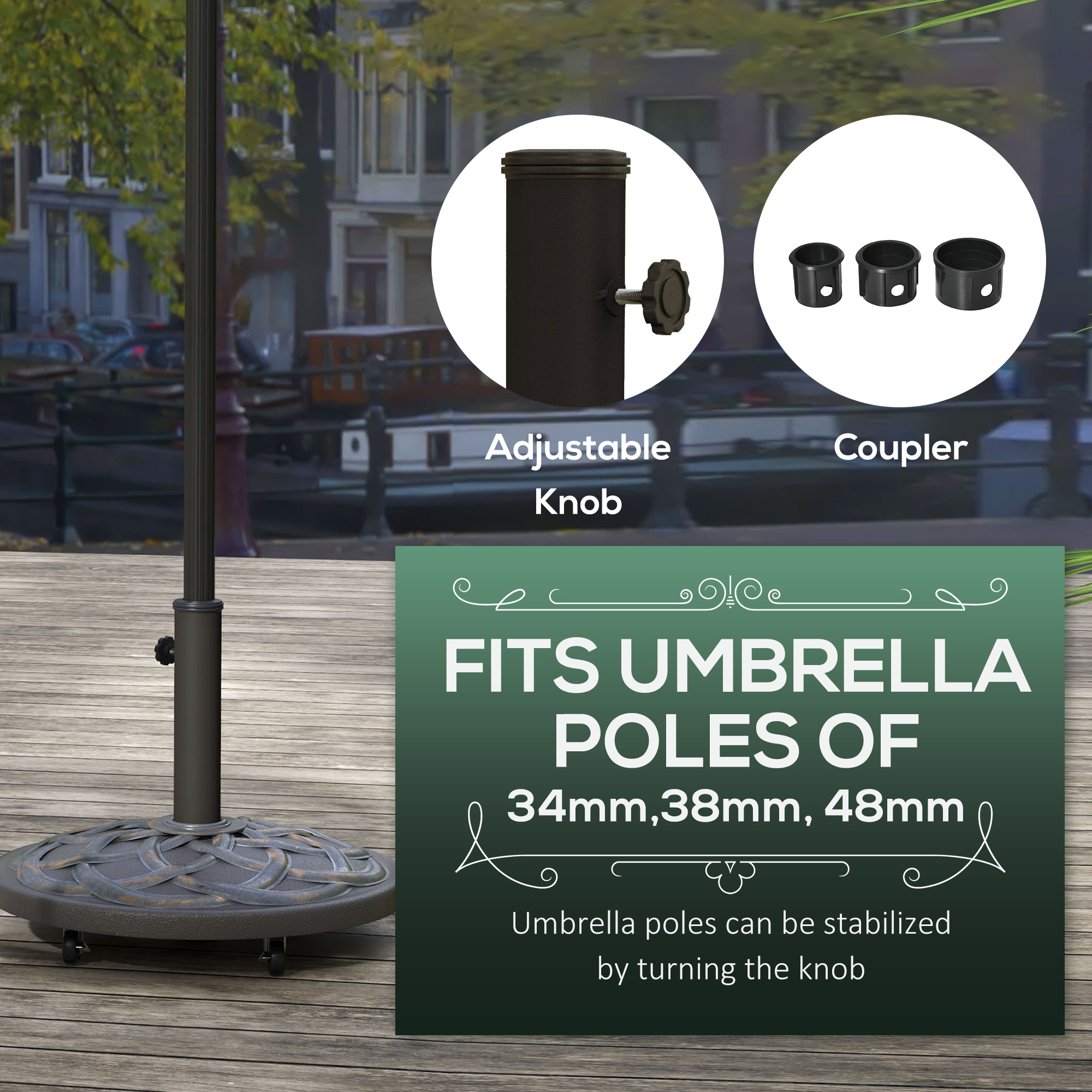 Outsunny 27kg Rolling Parasol Base with Wheels, Heavy Duty Concrete Umbrella Stand with Decorative Base, Bronze Tone