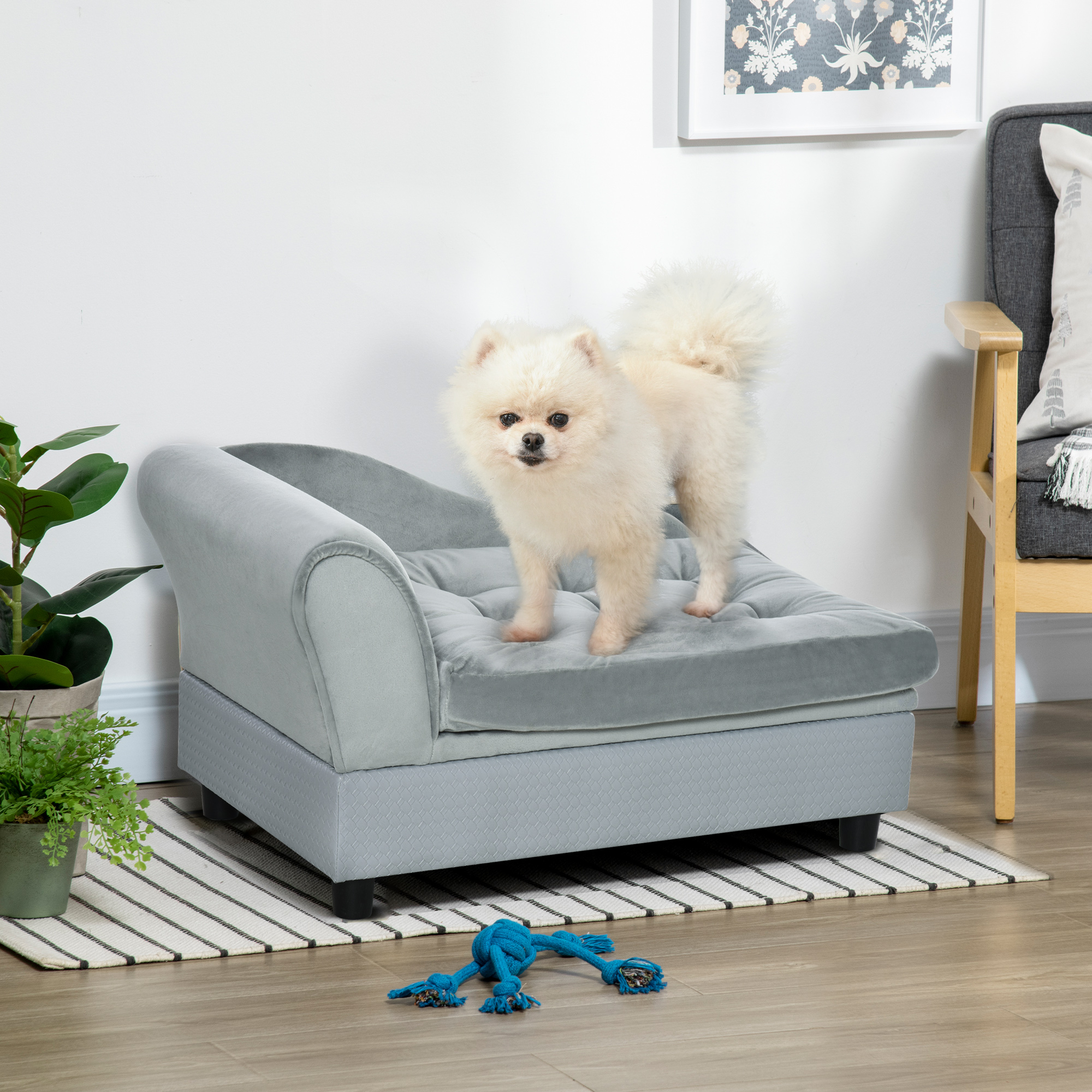 PawHut Pet Chair with Storage for Small Dogs, Cat Sofa with Soft Cushion, Light Blue, 76 x 45 x 41.5 cm