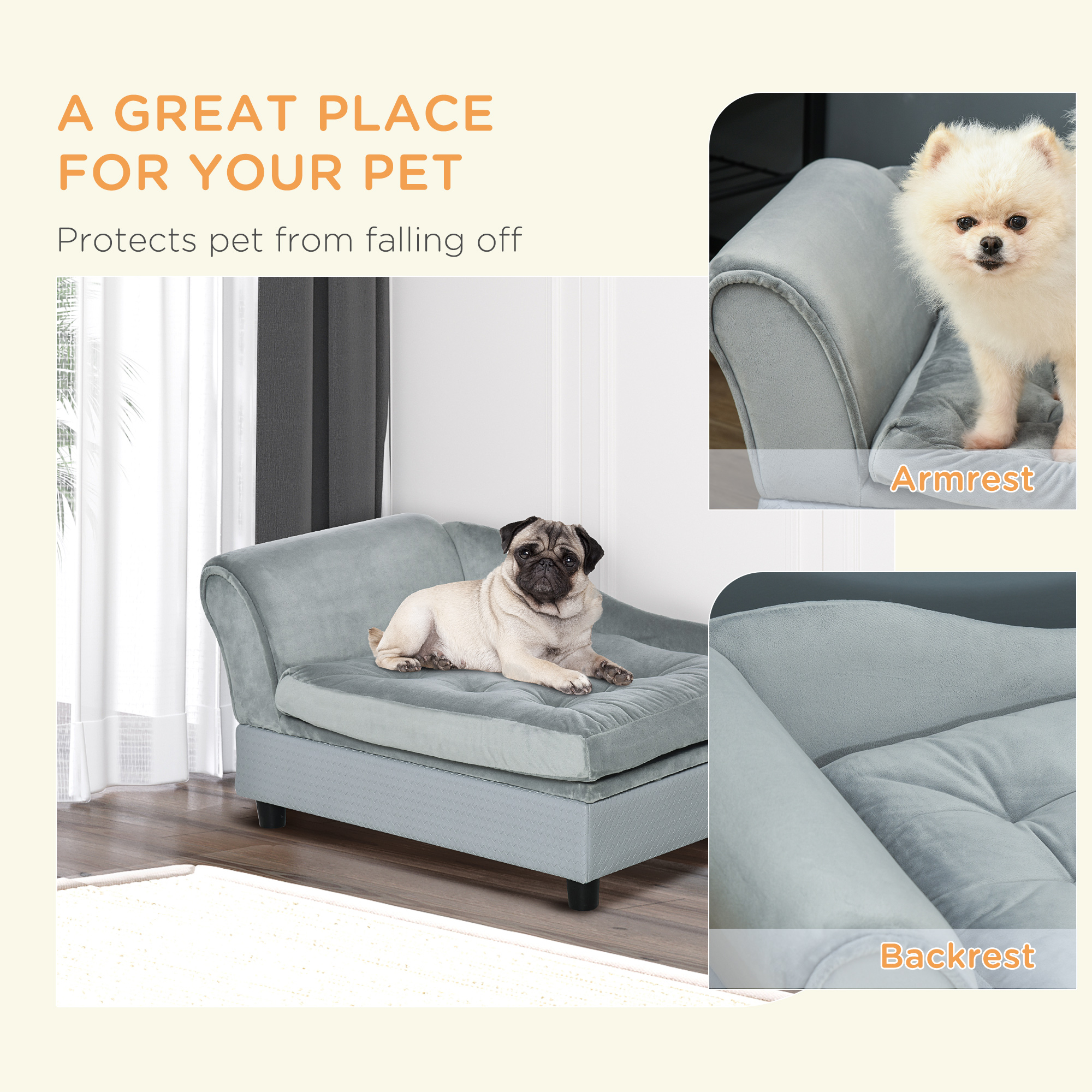 PawHut Pet Chair with Storage for Small Dogs, Cat Sofa with Soft Cushion, Light Blue, 76 x 45 x 41.5 cm