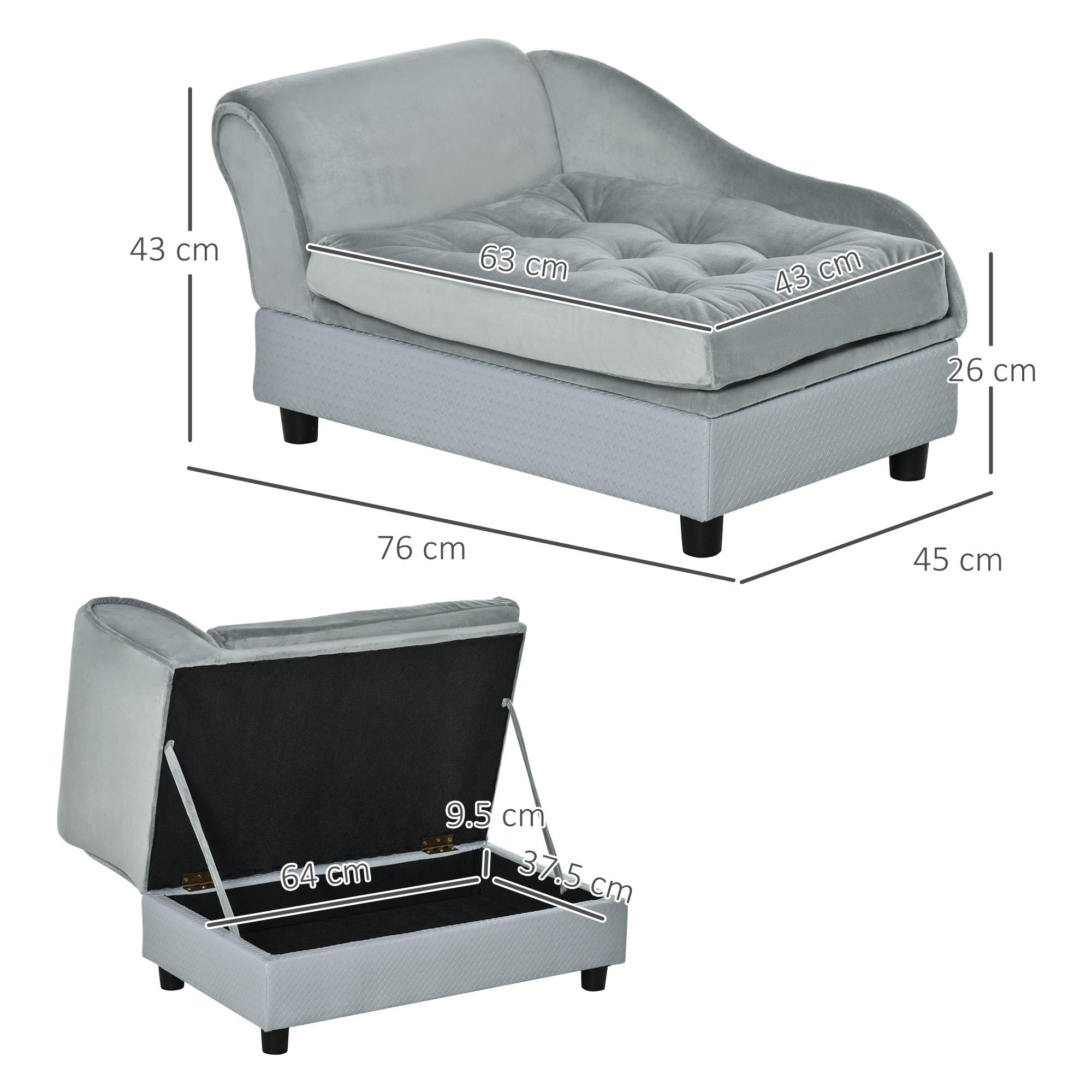 PawHut Pet Chair with Storage for Small Dogs, Cat Sofa with Soft Cushion, Light Blue, 76 x 45 x 41.5 cm