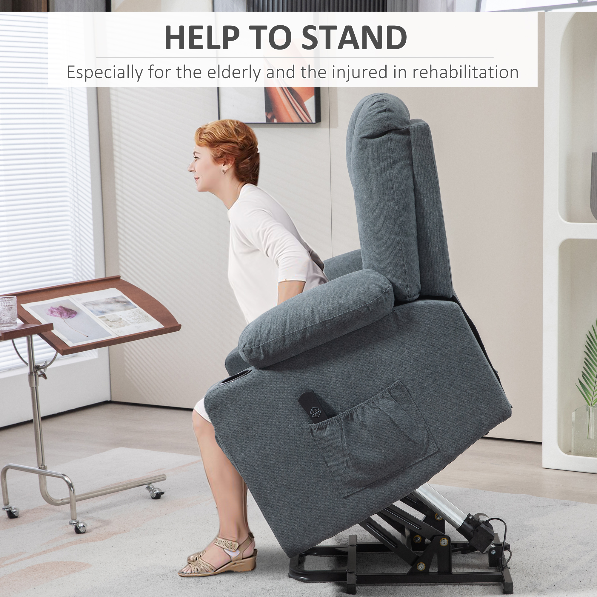 HOMCOM Oversized Riser and Recliner Chairs for the Elderly, Fabric Upholstered Lift Chair for Living Room with Remote Control, Side Pockets, Cup Holder, Grey