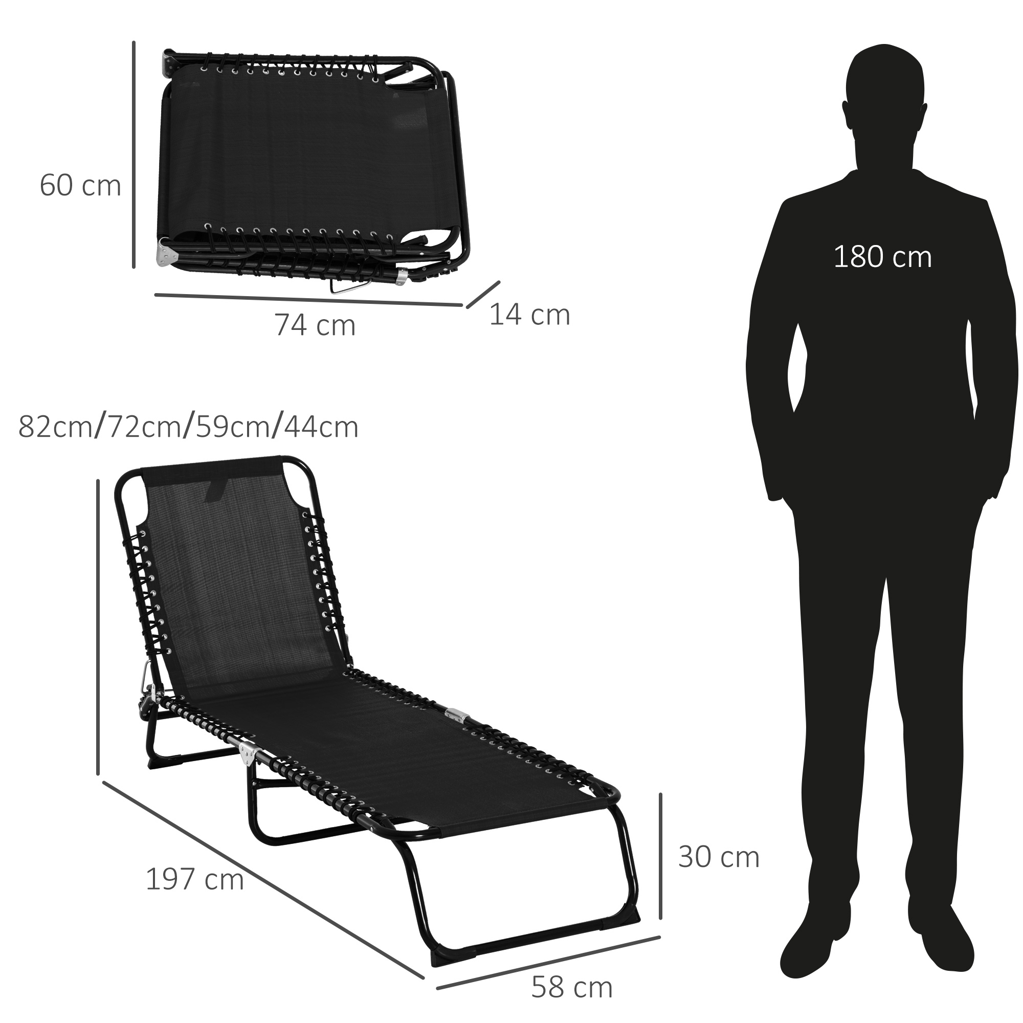 Outsunny Garden Reclining Lounger, Folding with 4 Position Adjustable Back, 100% PVC Fabric, Camping and Hiking Recliner, Black