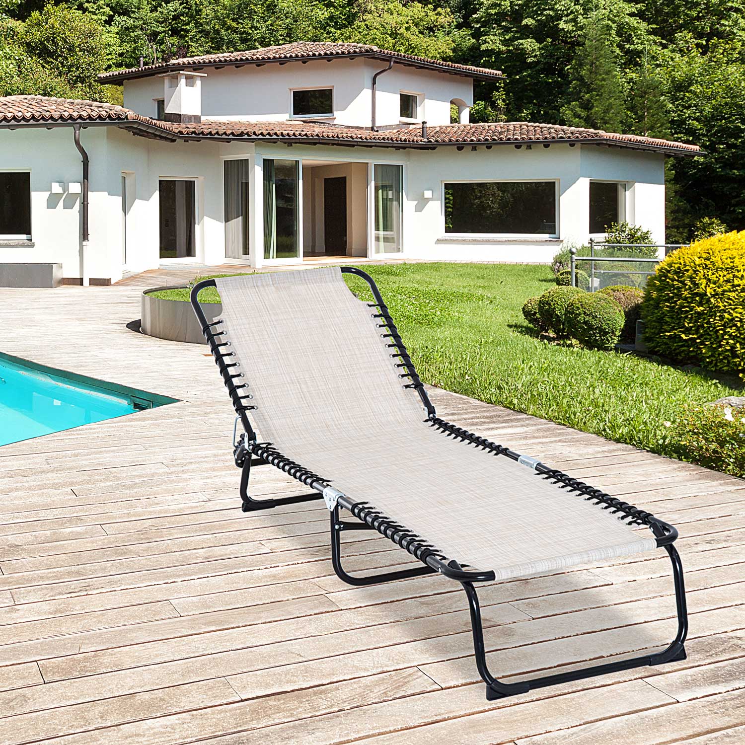 Outsunny Folding Chaise Lounge Chair Reclining Garden Sun Lounger with 4-Position Adjustable Backrest for Patio, Deck, and Poolside, Cream White