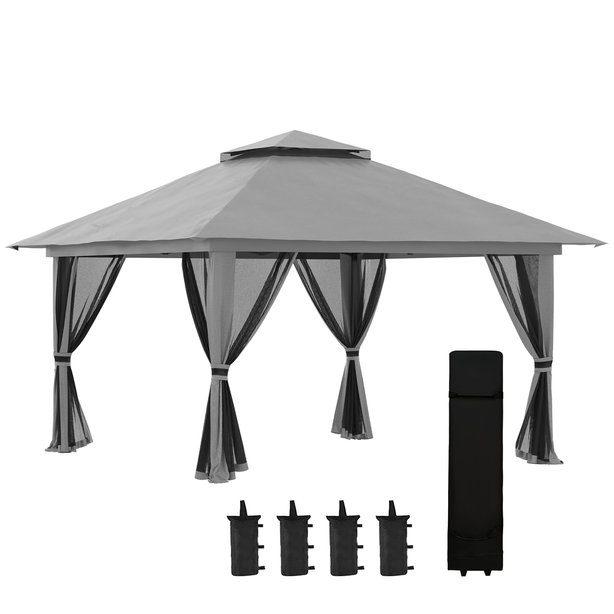 Image of Outsunny Gazebo Pieghevole 4x4 con Borsa da Trasporto, Picchetti, Funi e Sacchi di Sabbia Inclusi, in Acciaio e tessuto Oxford, 392x392x283 cm, Grigio