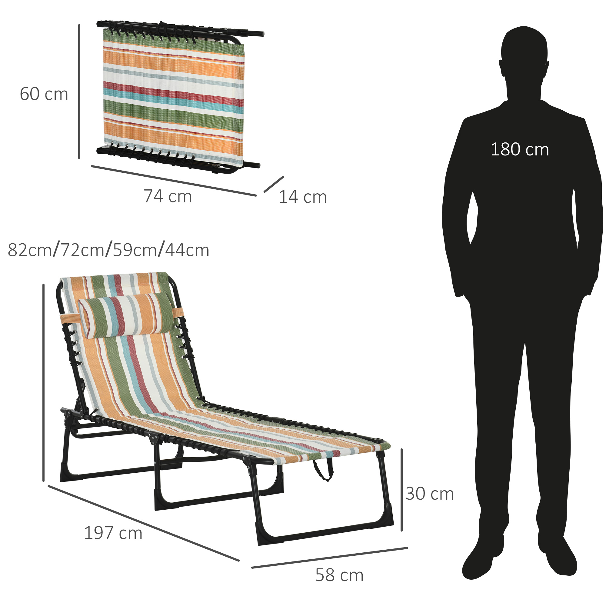 Outsunny Folding Sun Lounger, Multicoloured Beach Chaise Chair, Garden Reclining Cot, 4 Position Adjustable, Camping Hiking Recliner