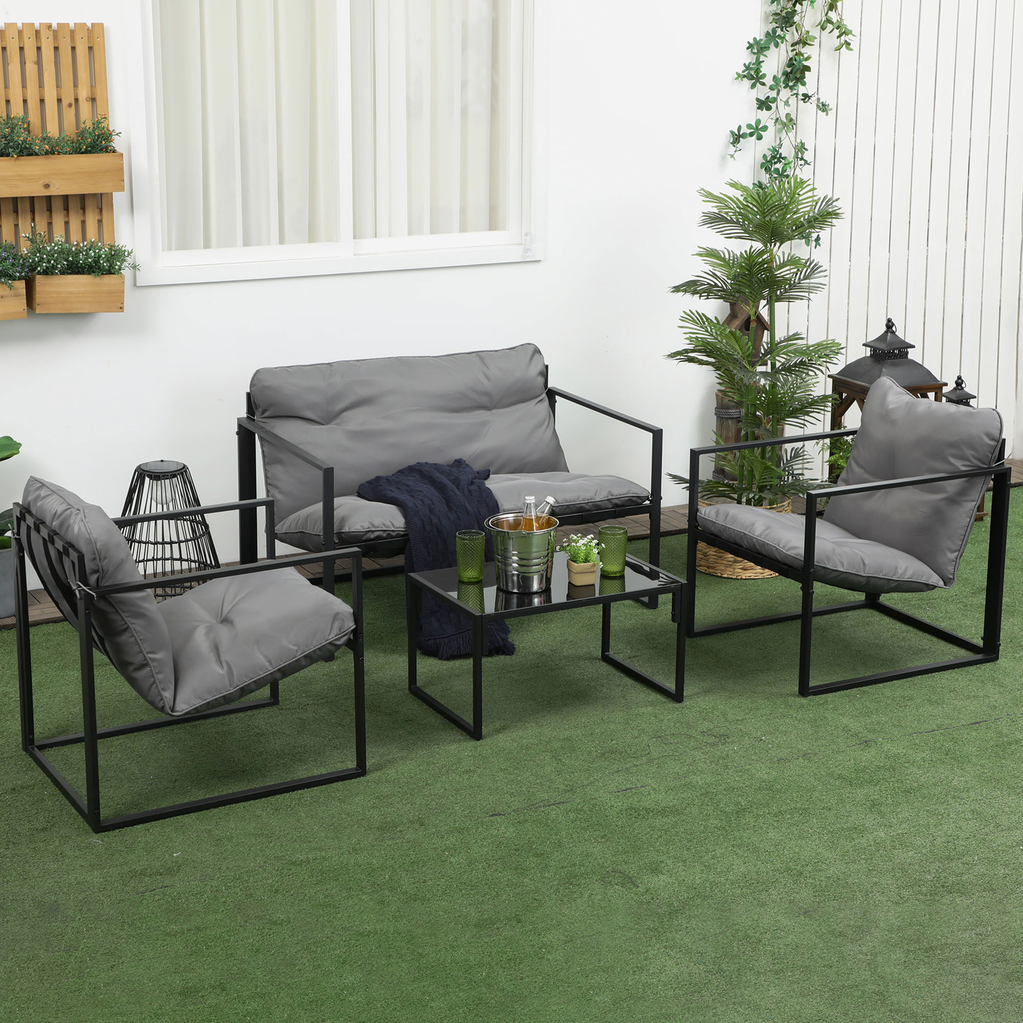 Outsunny Zestaw mebli ogrodowych, 1 stół z blatem szklanym, 2 fotele, 1 sofa, odporny na warunki atmosferyczne, 114 cm x 70 cm x 67 cm, Szary + Czarny