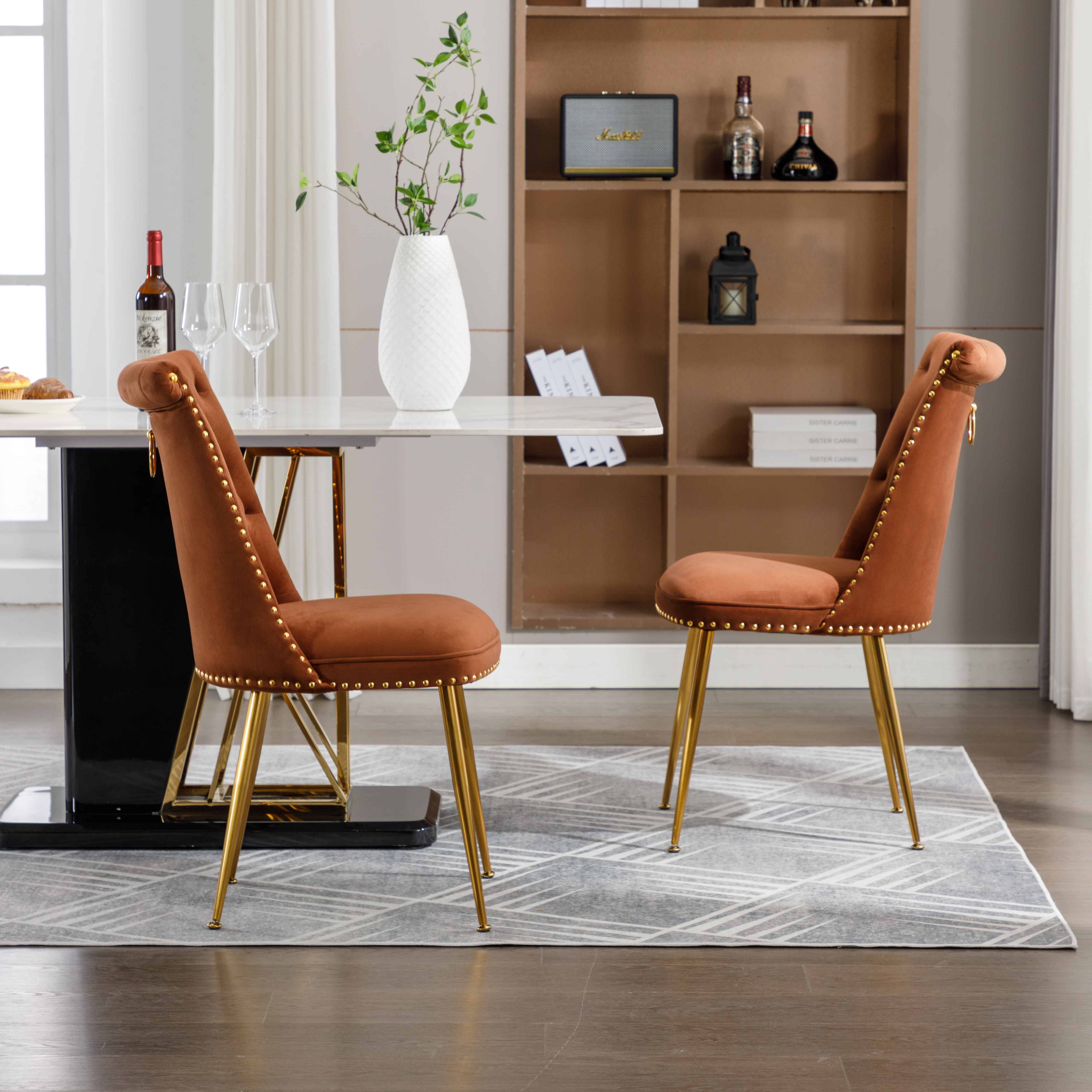Lot De 2 Chaises De Salle à Manger Velours Vison – Piètement Doré, Dossier Anneau, Style Luxe