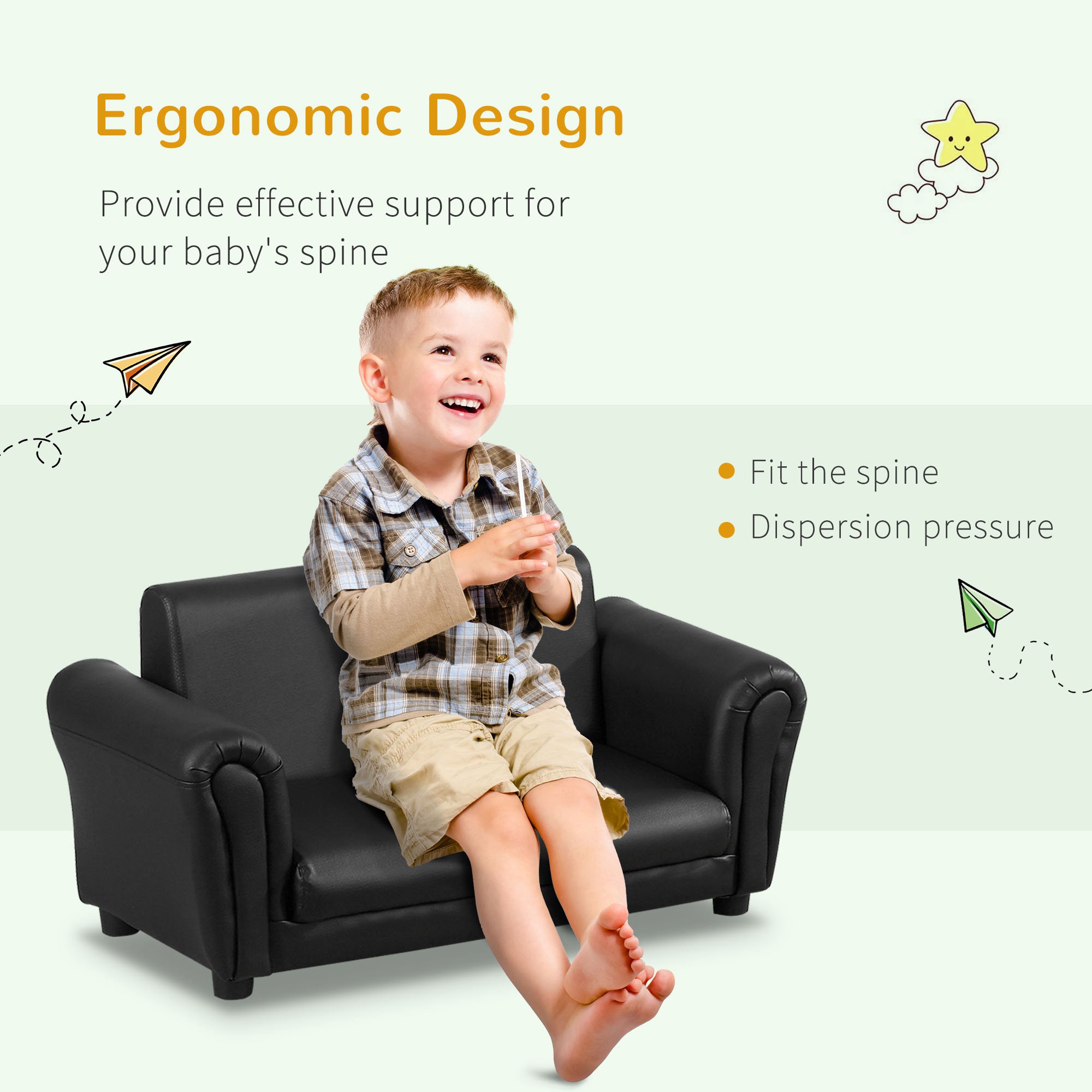 HOMCOM 2 Seater Toddler Chair Kids Twin Sofa Childrens Double Seat Chair Furniture Armchair Boys Girls Couch w/ Footstool (Black)